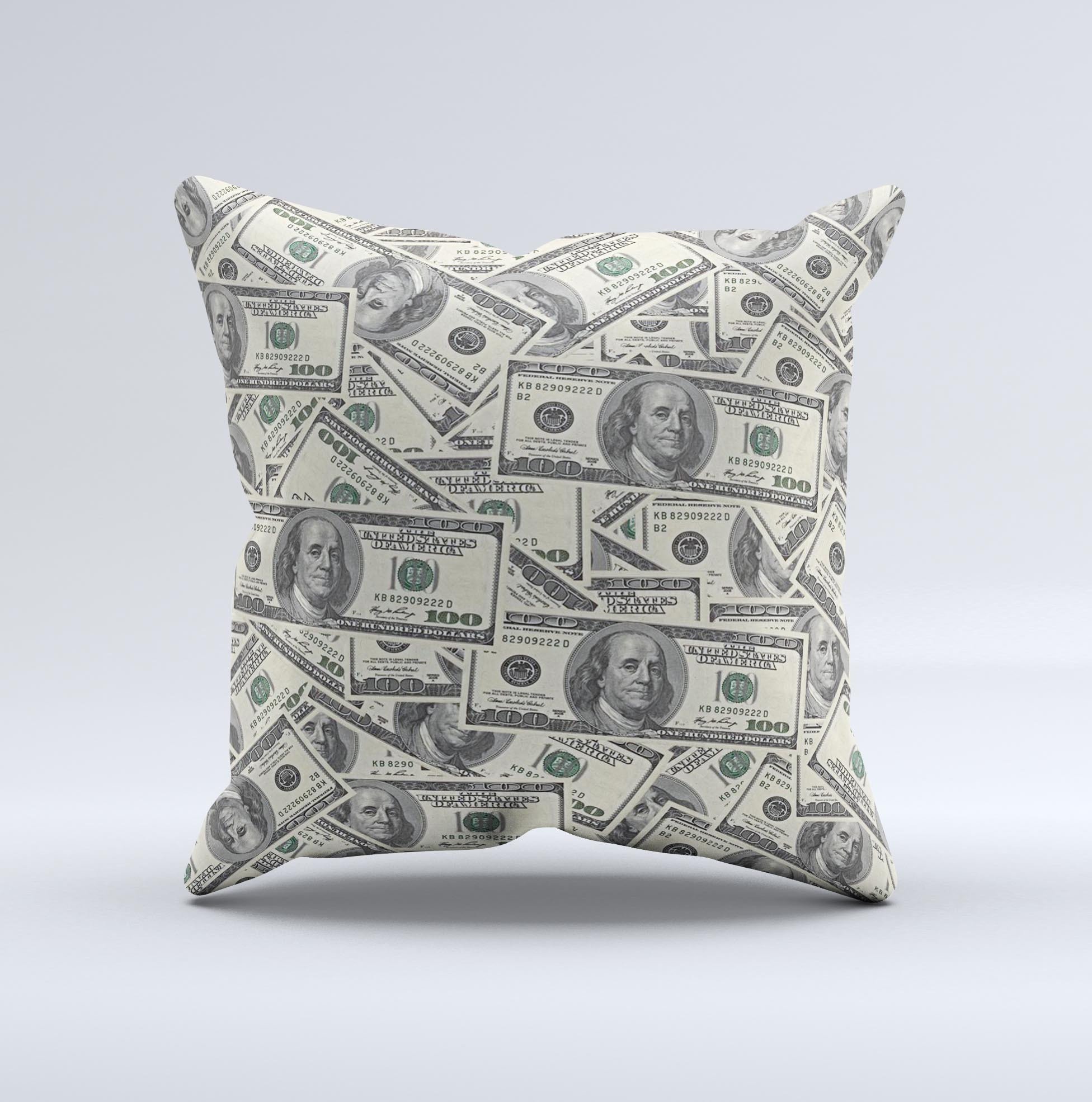 Hundred Dollar Bill Ink-Fuzed Decorative Throw Pillow showcasing a unique design with high-quality fabric and plush filling, handcrafted in Virginia.