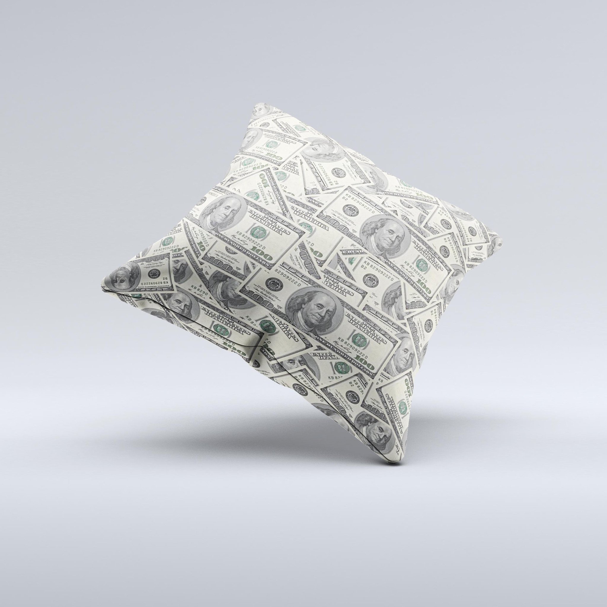 Hundred Dollar Bill Ink-Fuzed Decorative Throw Pillow showcasing a unique design with high-quality fabric and plush filling, handcrafted in Virginia.