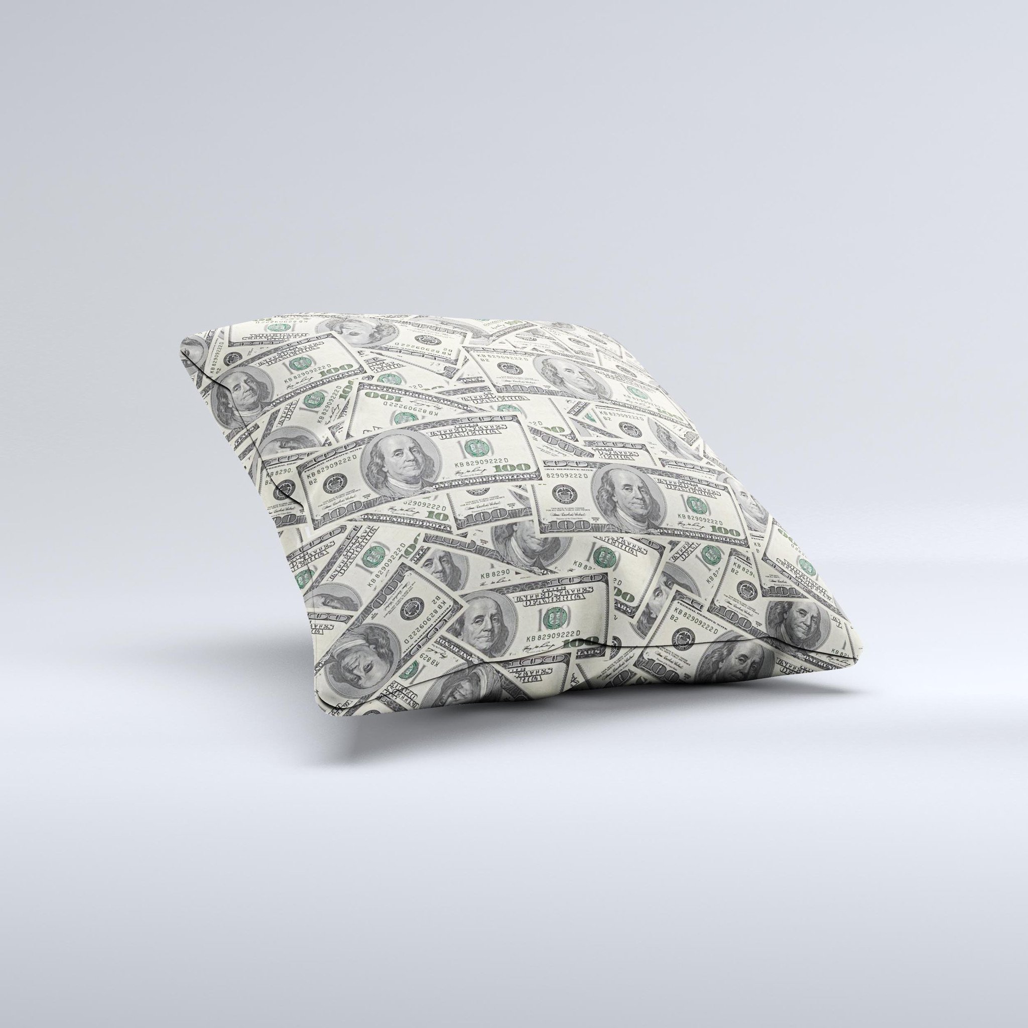 Hundred Dollar Bill Ink-Fuzed Decorative Throw Pillow showcasing a unique design with high-quality fabric and plush filling, handcrafted in Virginia.