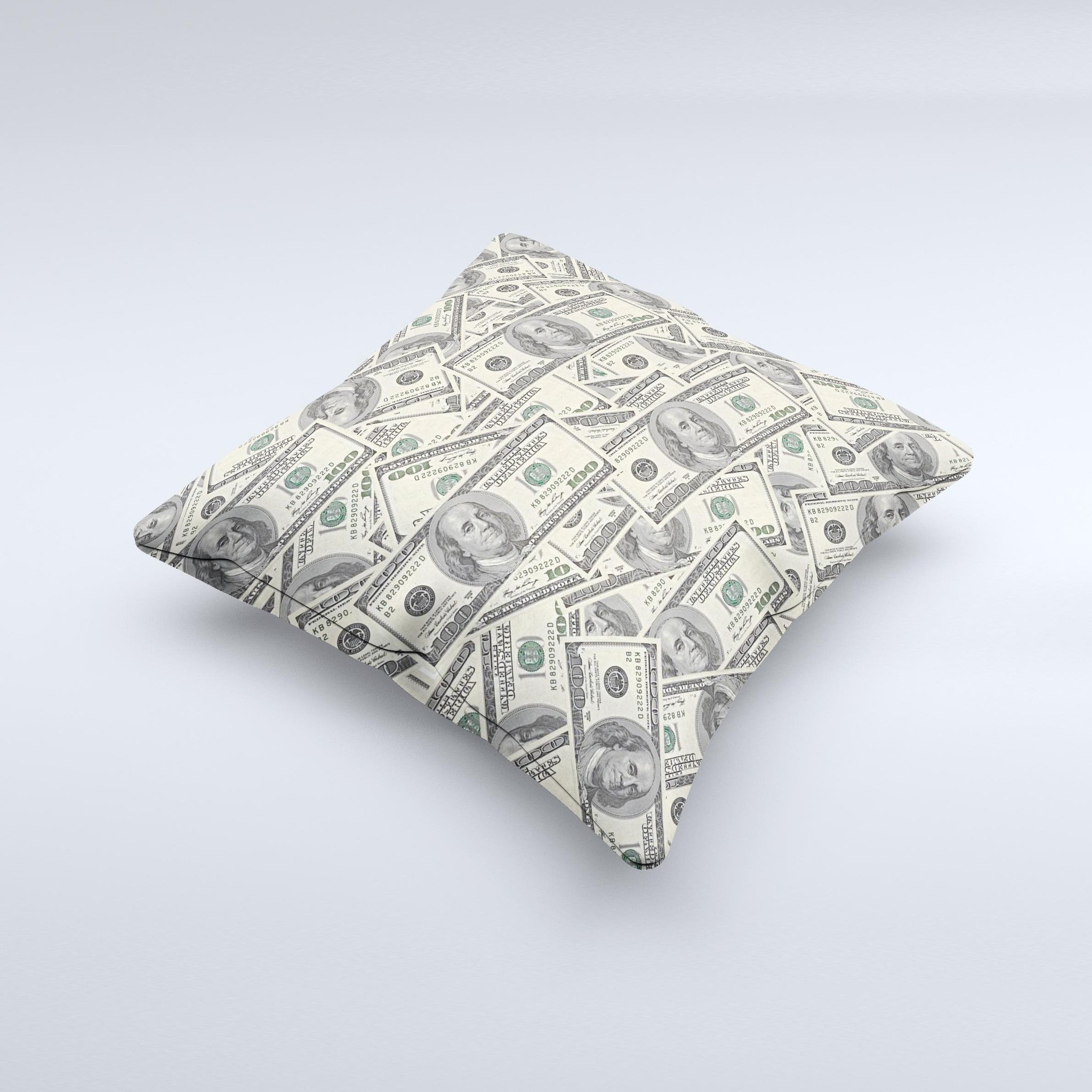 Hundred Dollar Bill Ink-Fuzed Decorative Throw Pillow showcasing a unique design with high-quality fabric and plush filling, handcrafted in Virginia.