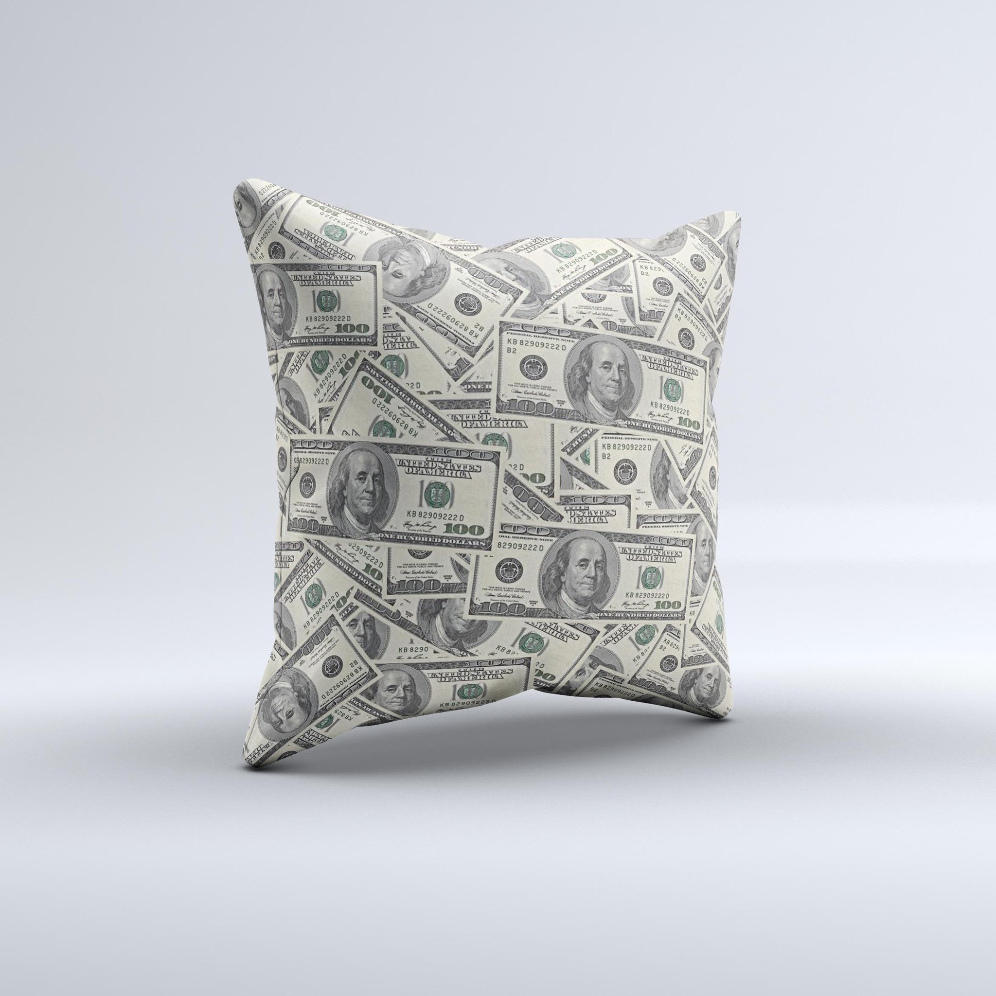 Hundred Dollar Bill Ink-Fuzed Decorative Throw Pillow showcasing a unique design with high-quality fabric and plush filling, handcrafted in Virginia.