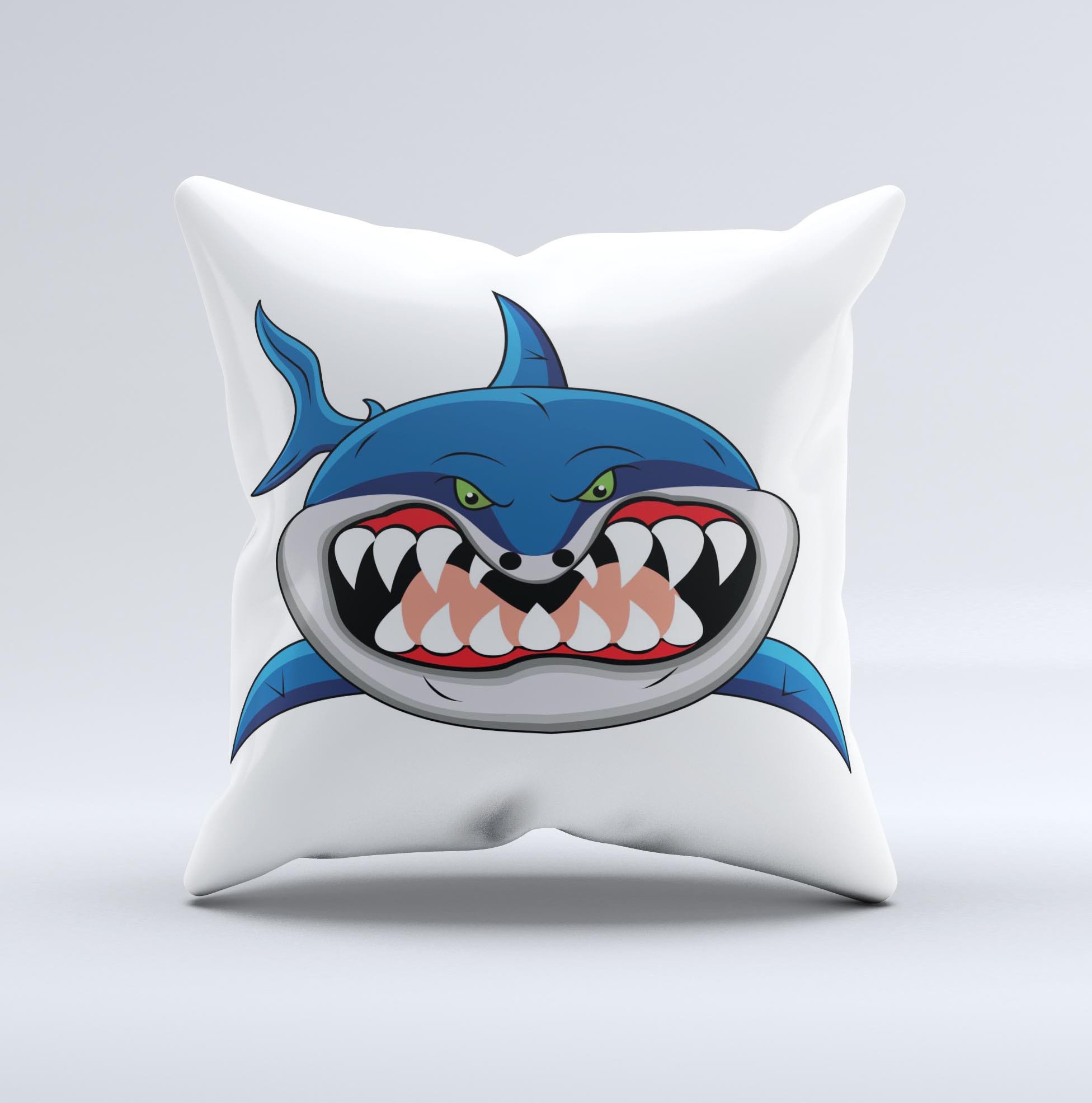 A decorative throw pillow featuring a whimsical cartoon shark design, showcasing vibrant colors and a soft fabric texture, perfect for home decor.