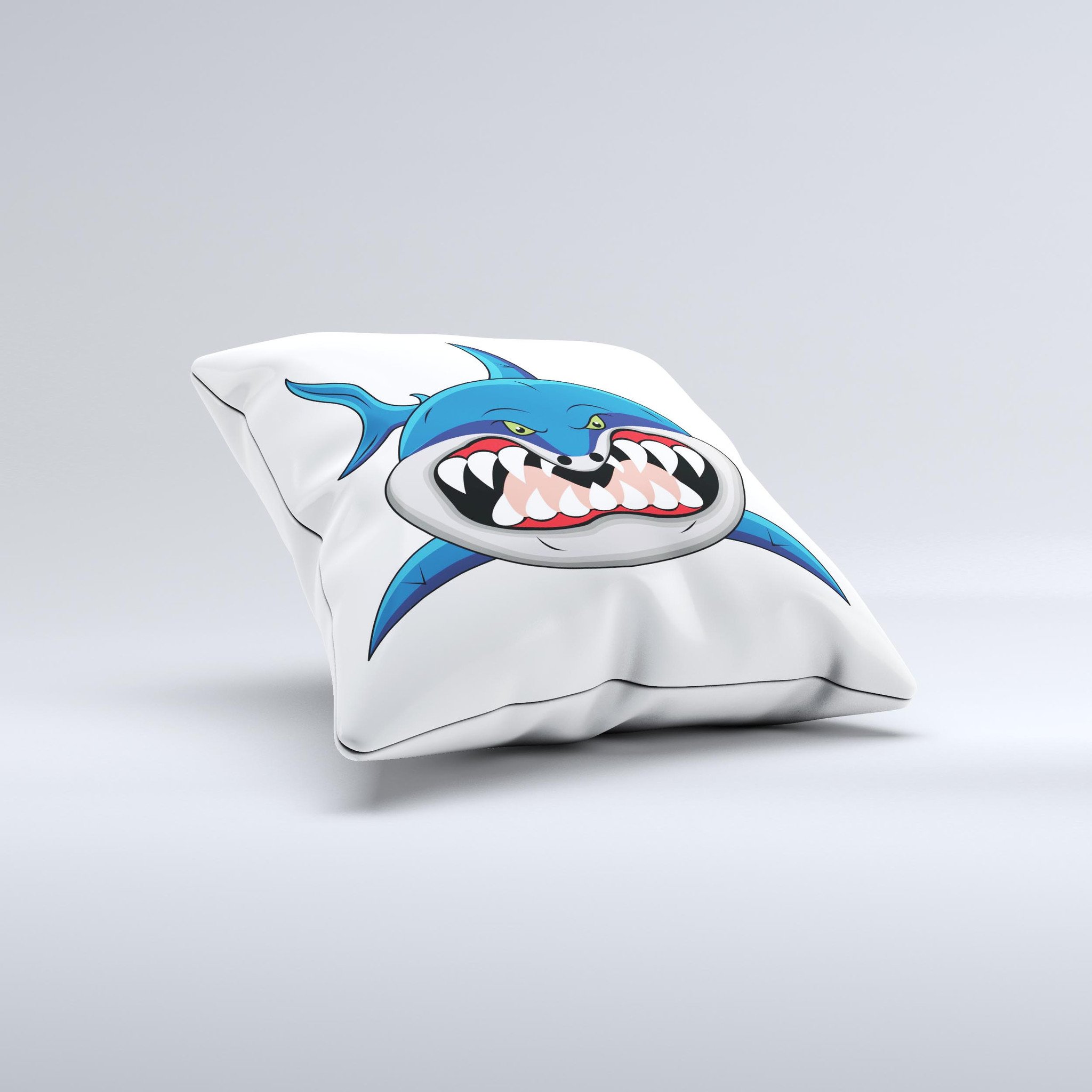 A decorative throw pillow featuring a whimsical cartoon shark design, showcasing vibrant colors and a soft fabric texture, perfect for home decor.