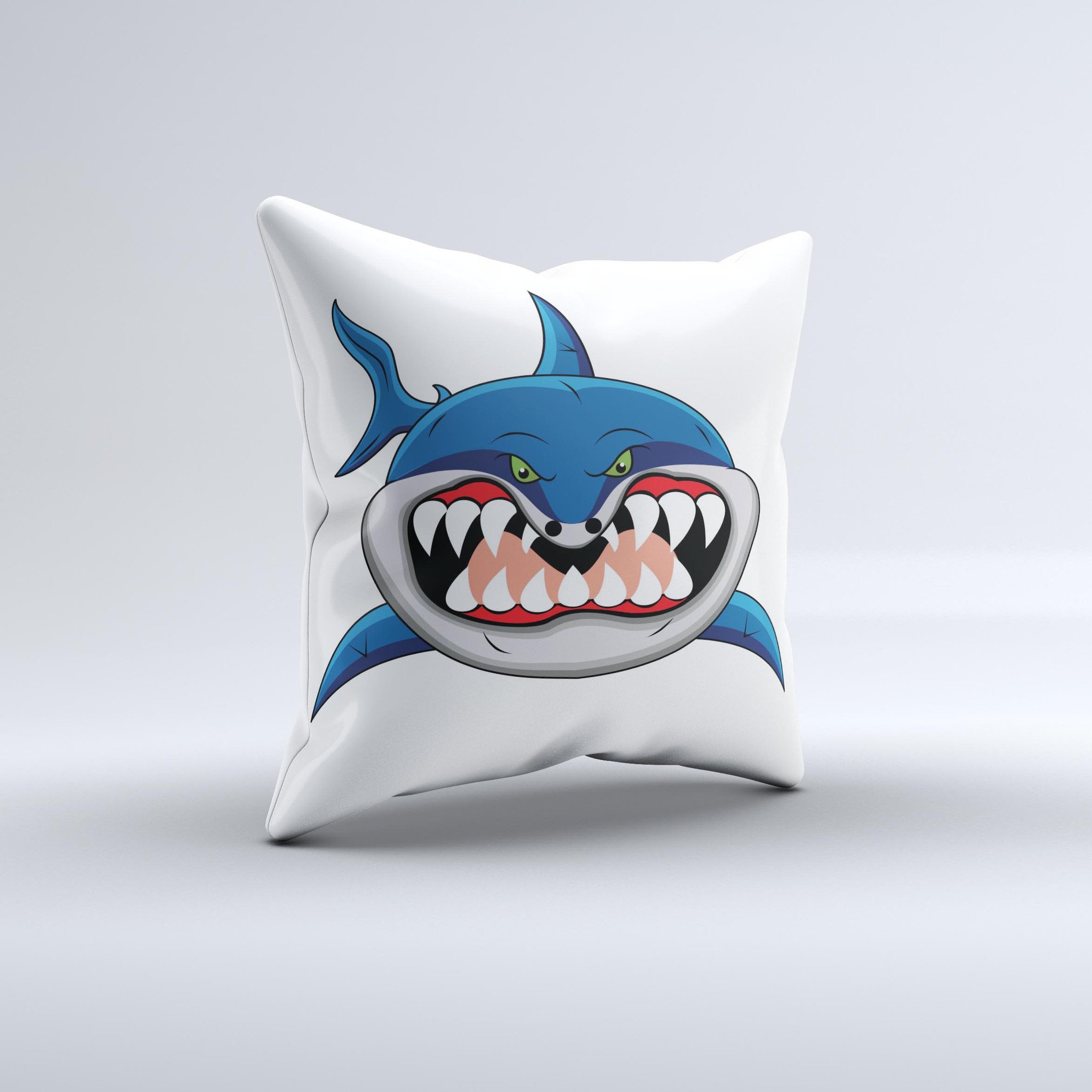 A decorative throw pillow featuring a whimsical cartoon shark design, showcasing vibrant colors and a soft fabric texture, perfect for home decor.