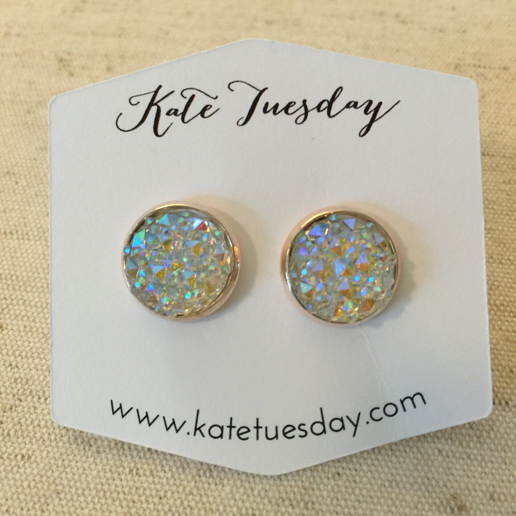 Ice Princess 12mm Like Druzy Earrings featuring crystal-like design with purple and pink flecks, available in bronze, silver, or rose gold plating.