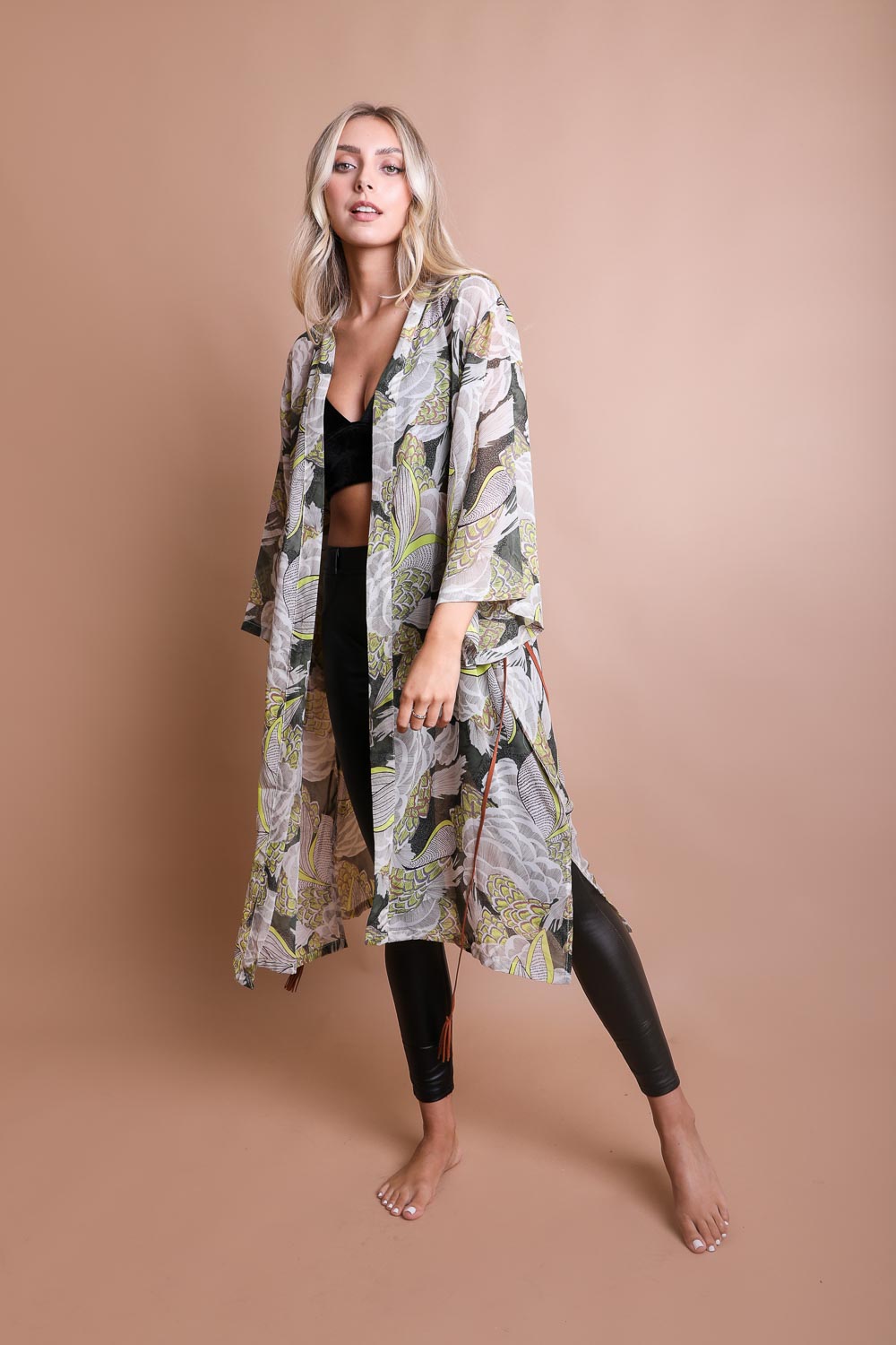 Ikebana Kimono featuring a traditional print with a modern twist, complete with a suede waist tie belt.