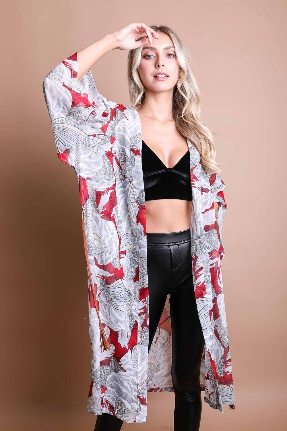 Ikebana Kimono featuring a traditional print with a modern twist, complete with a suede waist tie belt.