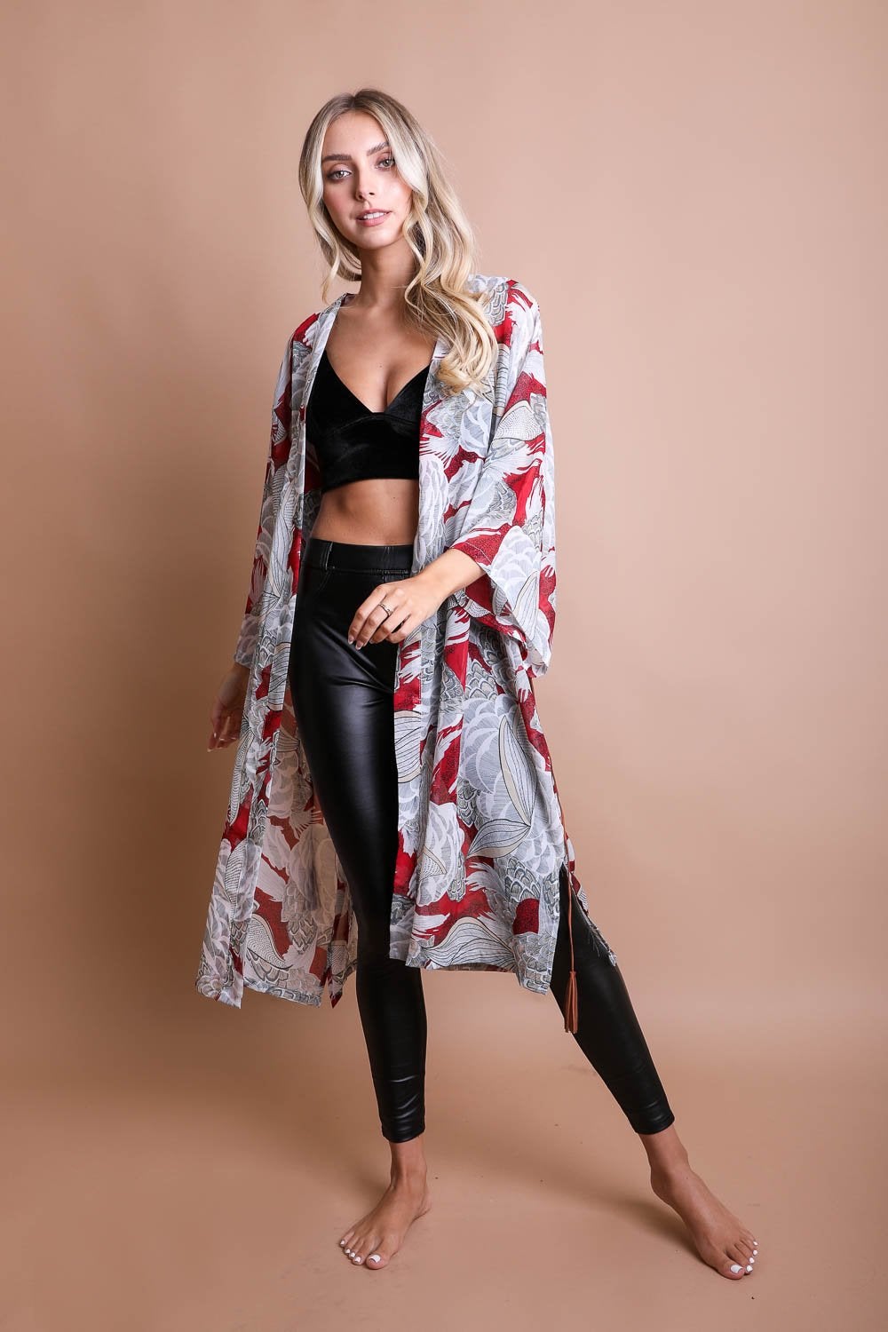 Ikebana Kimono featuring a traditional print with a modern twist, complete with a suede waist tie belt.