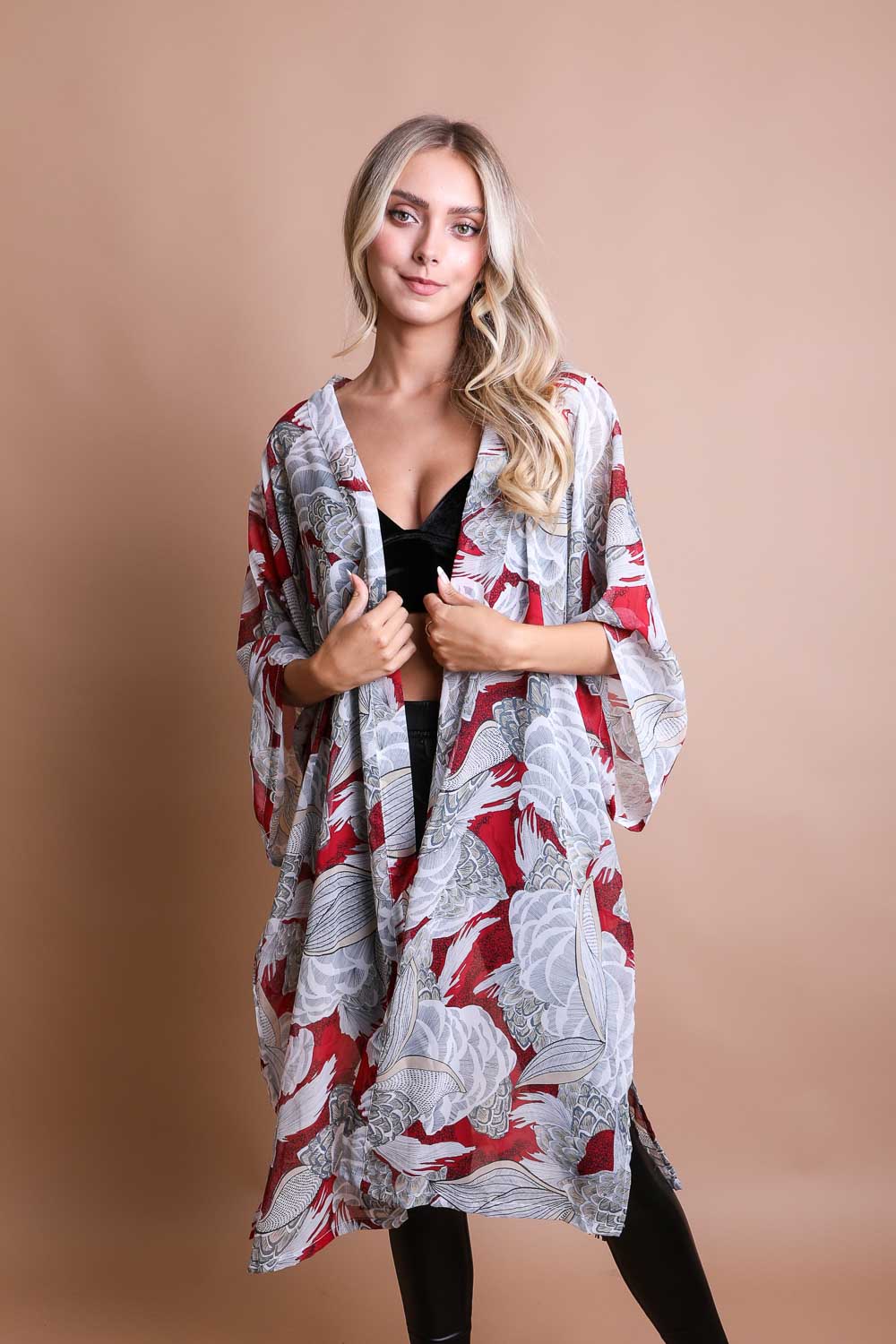 Ikebana Kimono featuring a traditional print with a modern twist, complete with a suede waist tie belt.