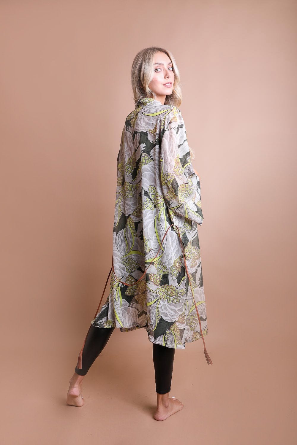 Ikebana Kimono featuring a traditional print with a modern twist, complete with a suede waist tie belt.