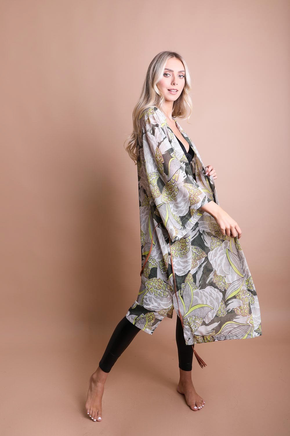 Ikebana Kimono featuring a traditional print with a modern twist, complete with a suede waist tie belt.