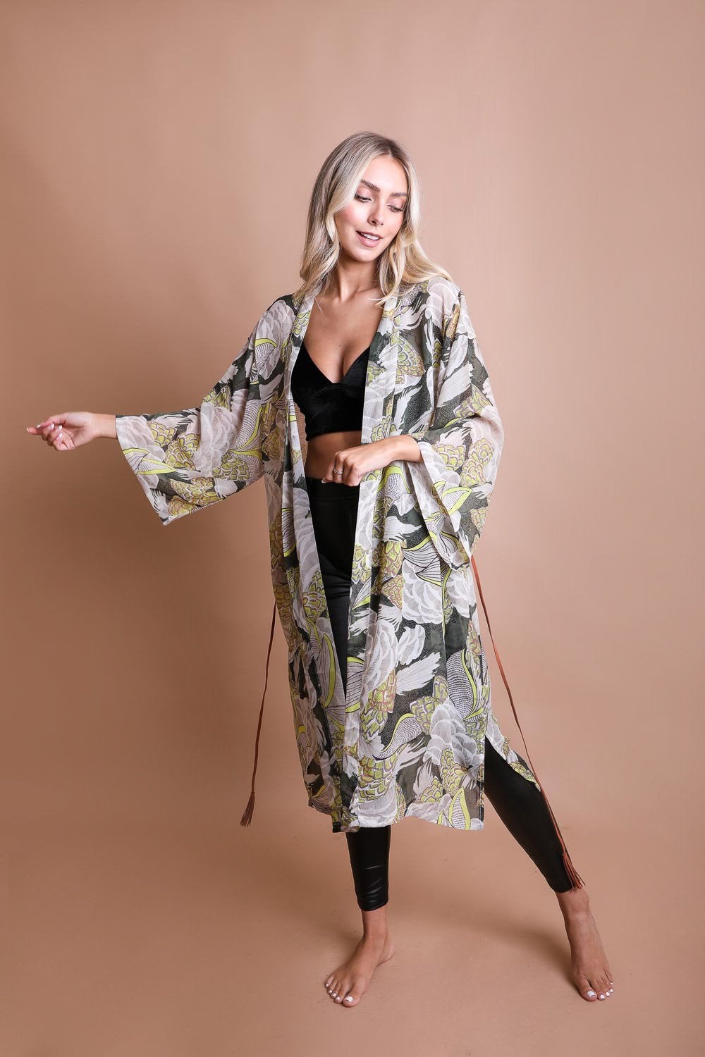 Ikebana Kimono featuring a traditional print with a modern twist, complete with a suede waist tie belt.