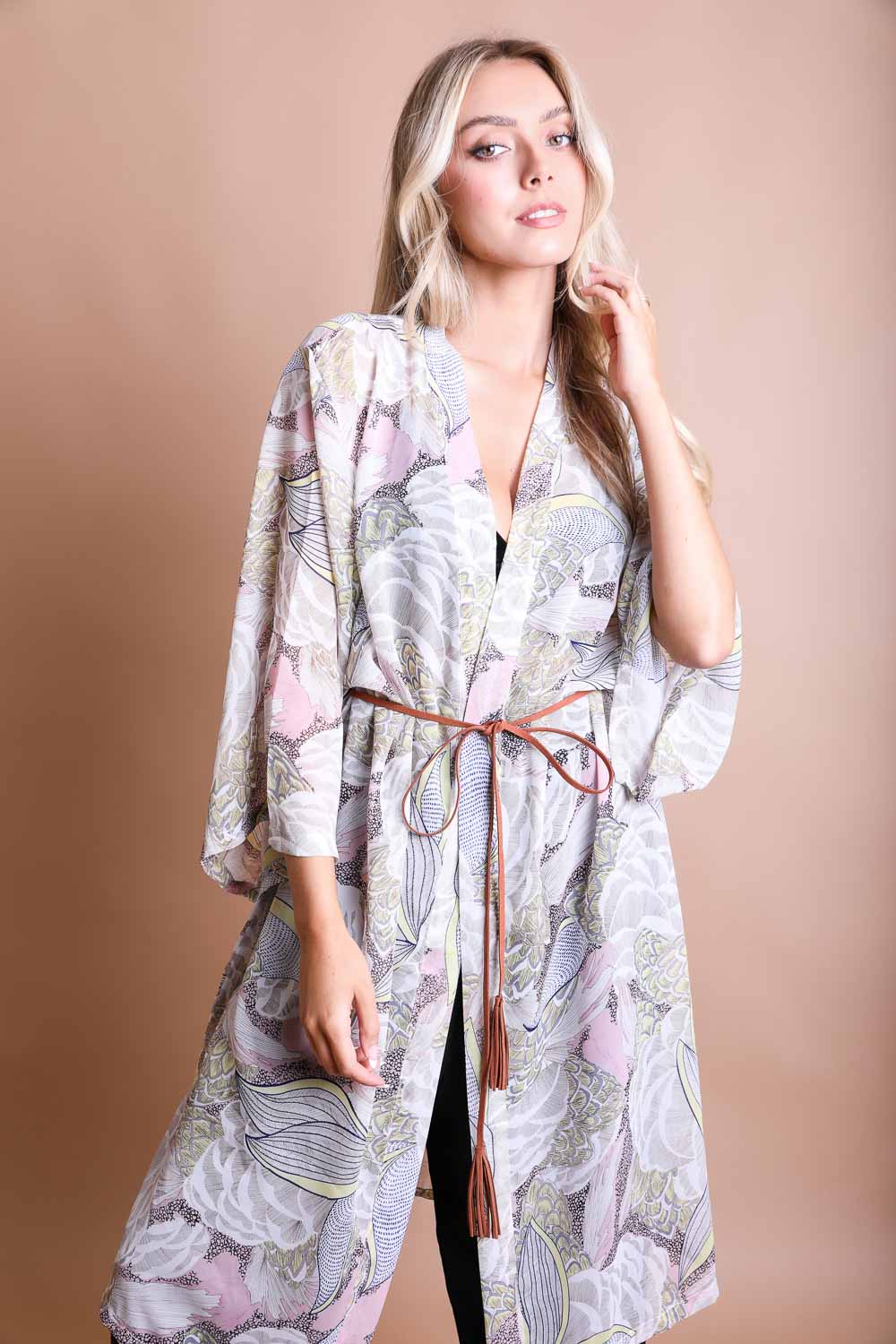 Ikebana Kimono featuring a traditional print with a modern twist, complete with a suede waist tie belt.