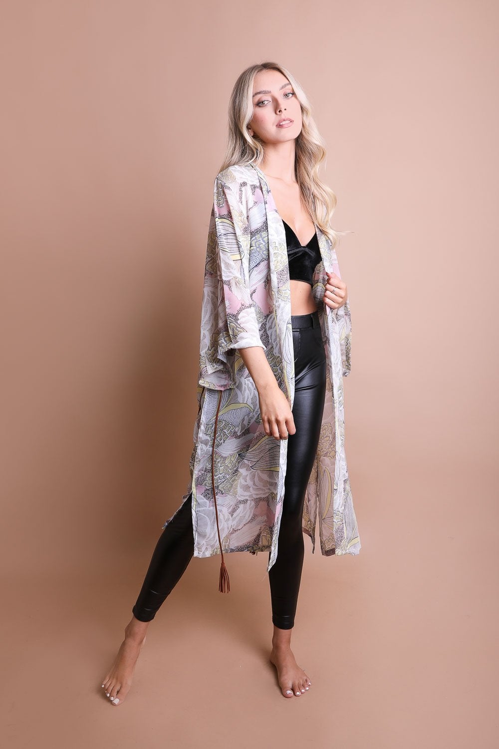 Ikebana Kimono featuring a traditional print with a modern twist, complete with a suede waist tie belt.