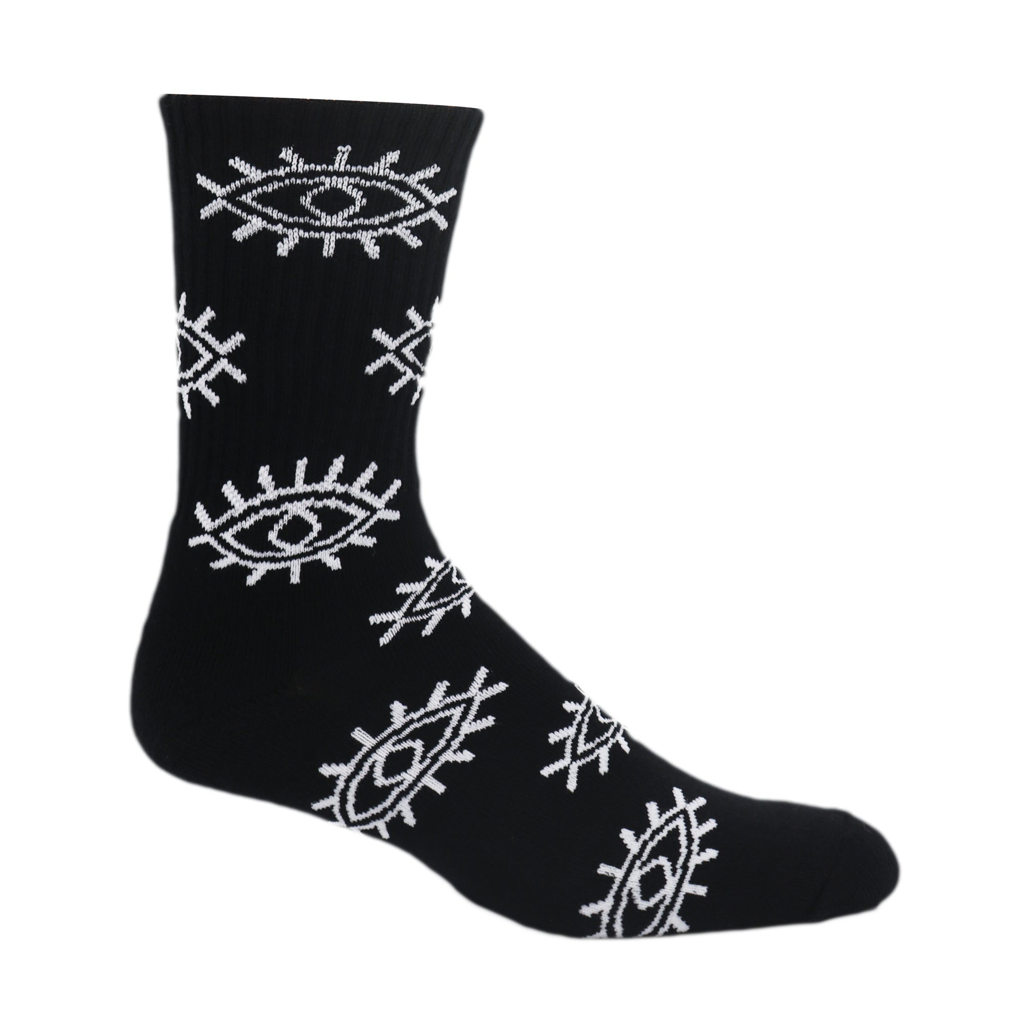 A pair of black crew socks featuring a white Illuminati eye design, showcasing a unique and stylish pattern.