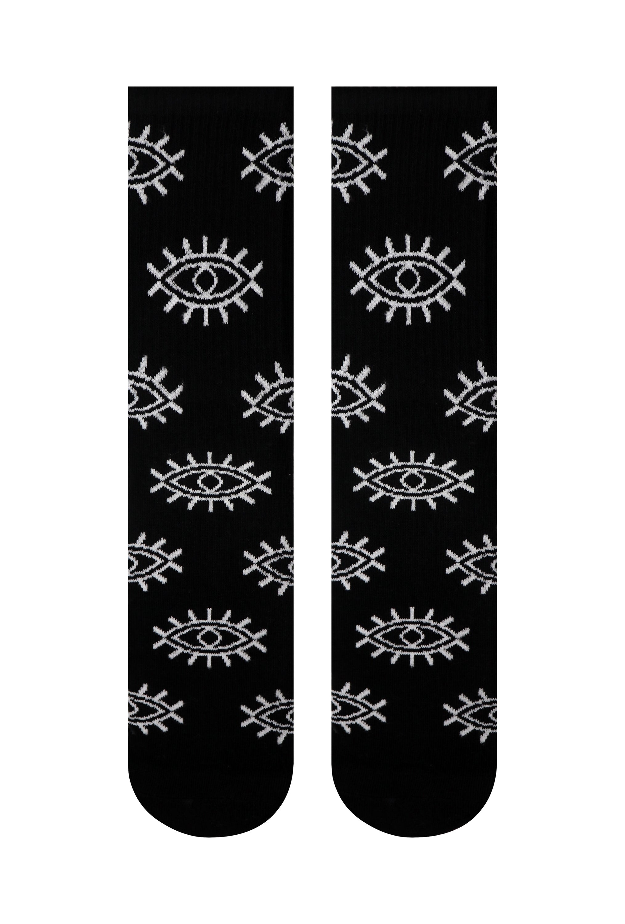 A pair of black crew socks featuring a white Illuminati eye design, showcasing a unique and stylish pattern.