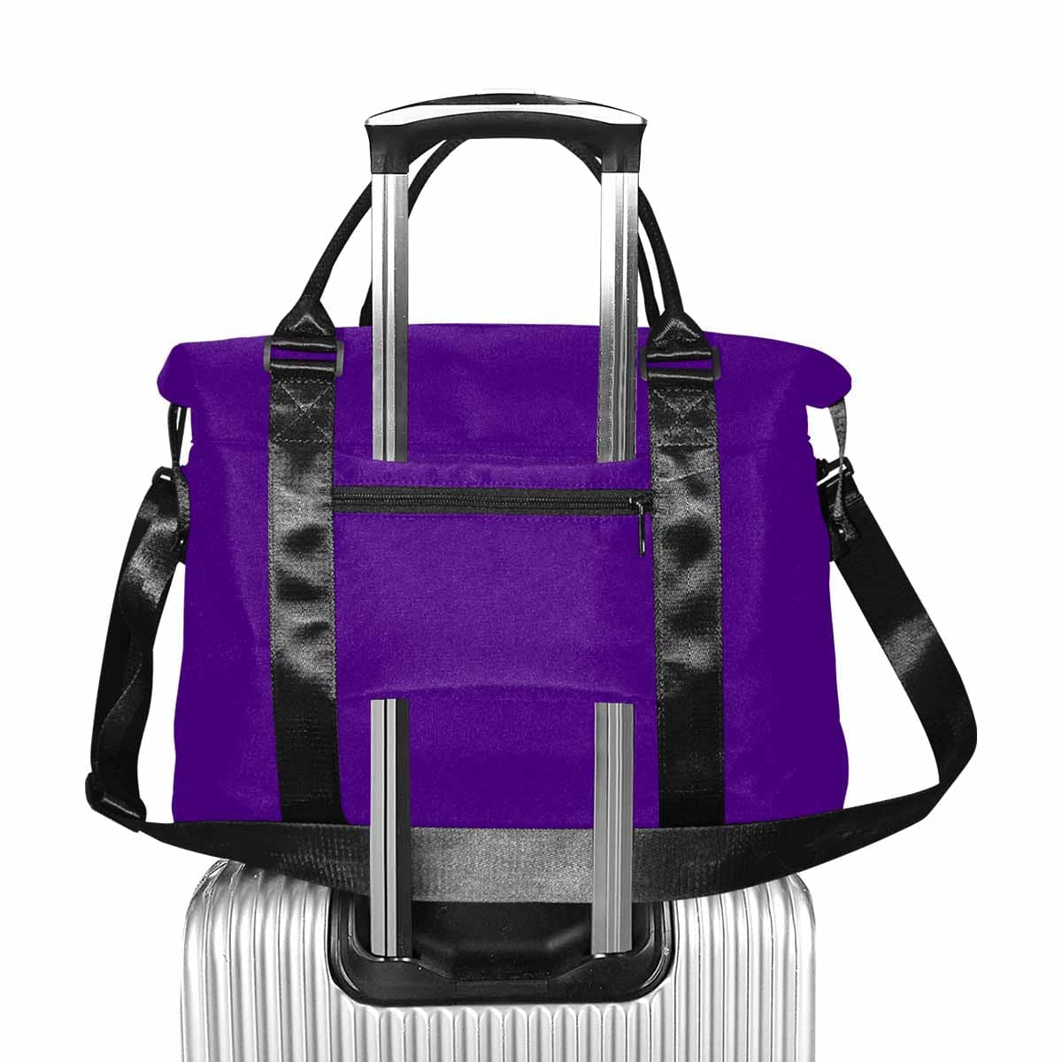 Indigo purple duffel bag made from durable oxford fabric with adjustable strap and metal button closure.