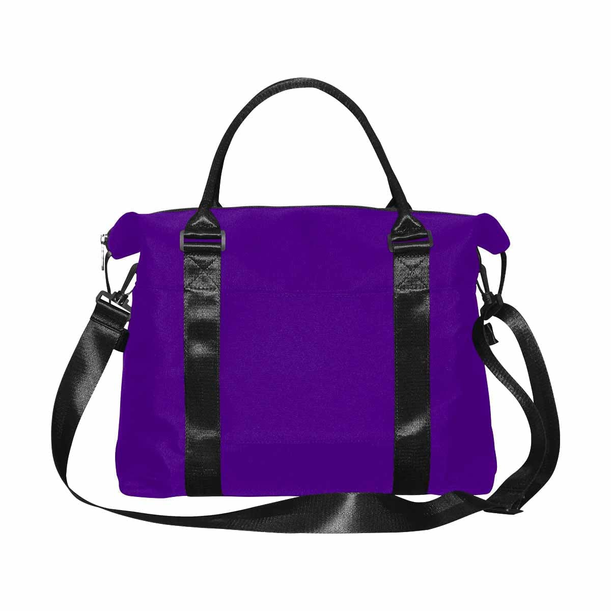 Indigo purple duffel bag made from durable oxford fabric with adjustable strap and metal button closure.