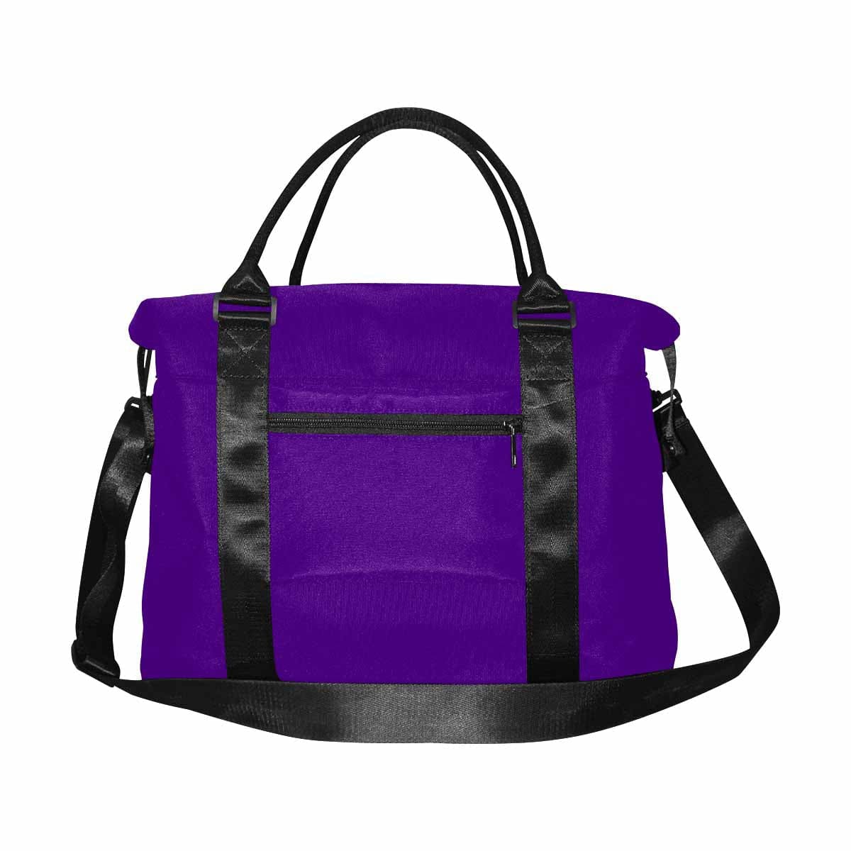 Indigo purple duffel bag made from durable oxford fabric with adjustable strap and metal button closure.