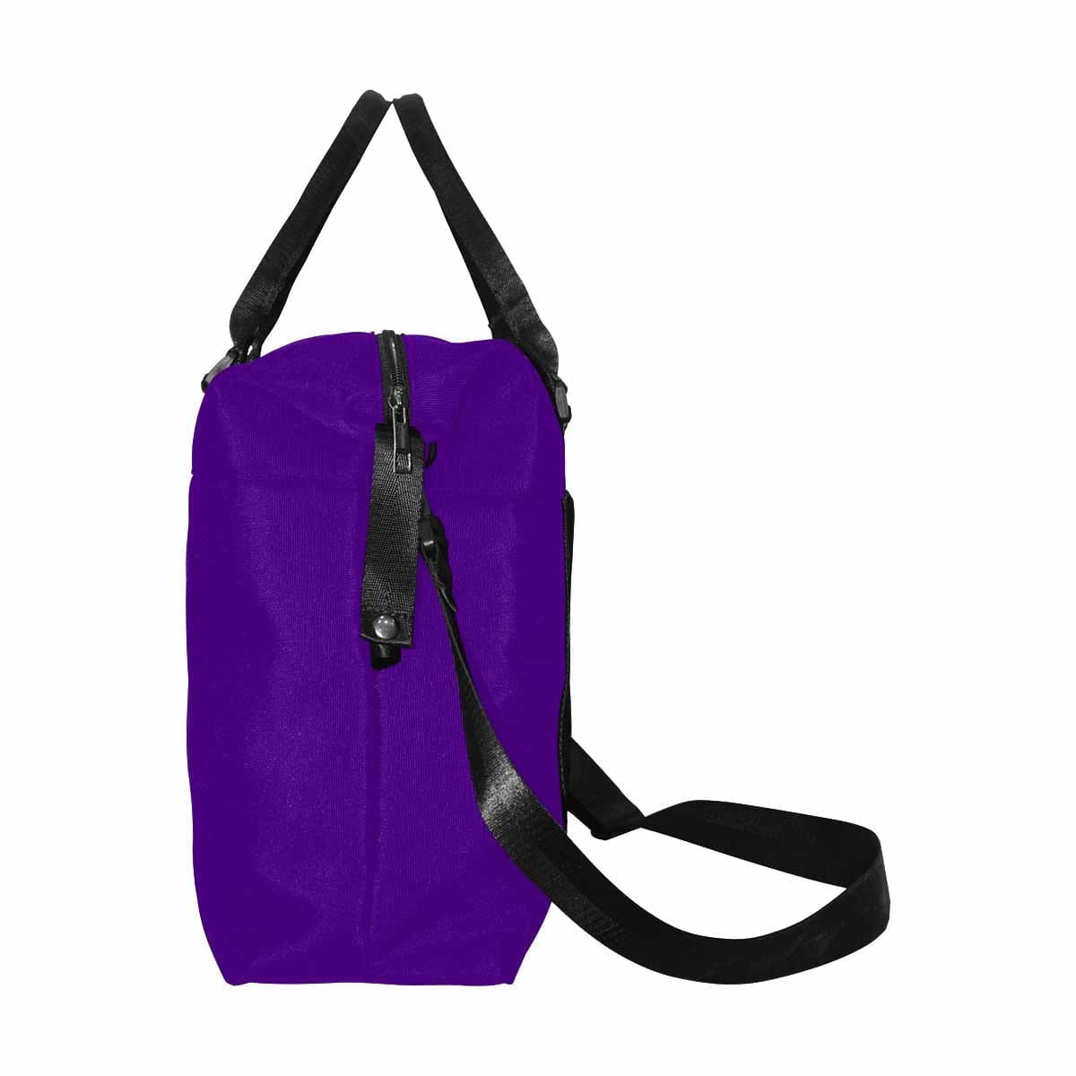 Indigo purple duffel bag made from durable oxford fabric with adjustable strap and metal button closure.