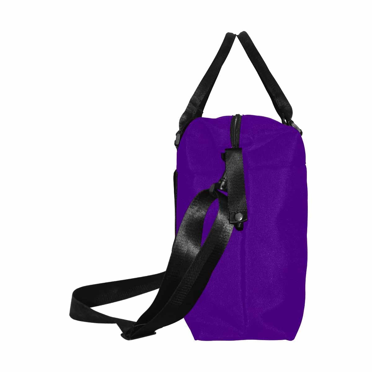 Indigo purple duffel bag made from durable oxford fabric with adjustable strap and metal button closure.