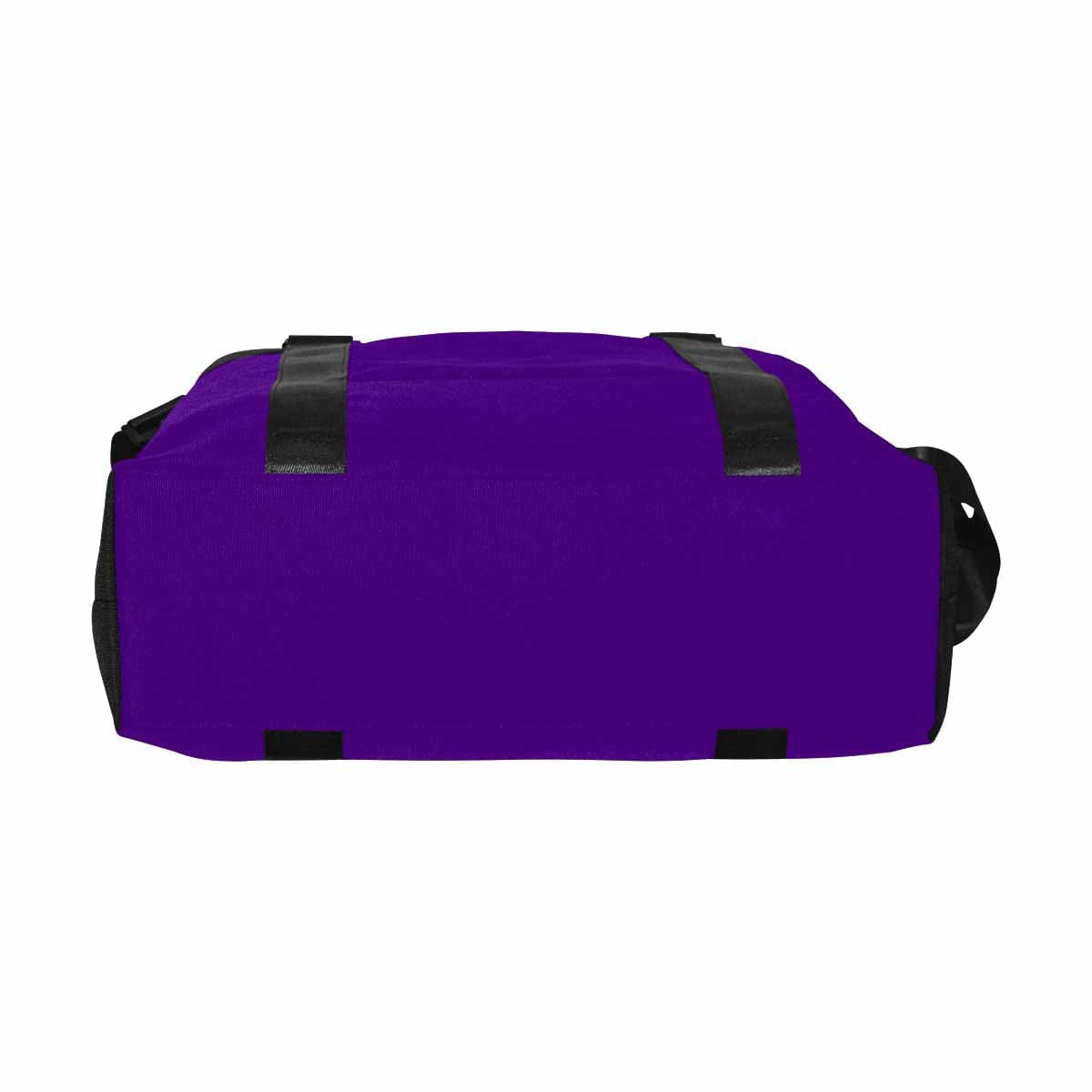 Indigo purple duffel bag made from durable oxford fabric with adjustable strap and metal button closure.