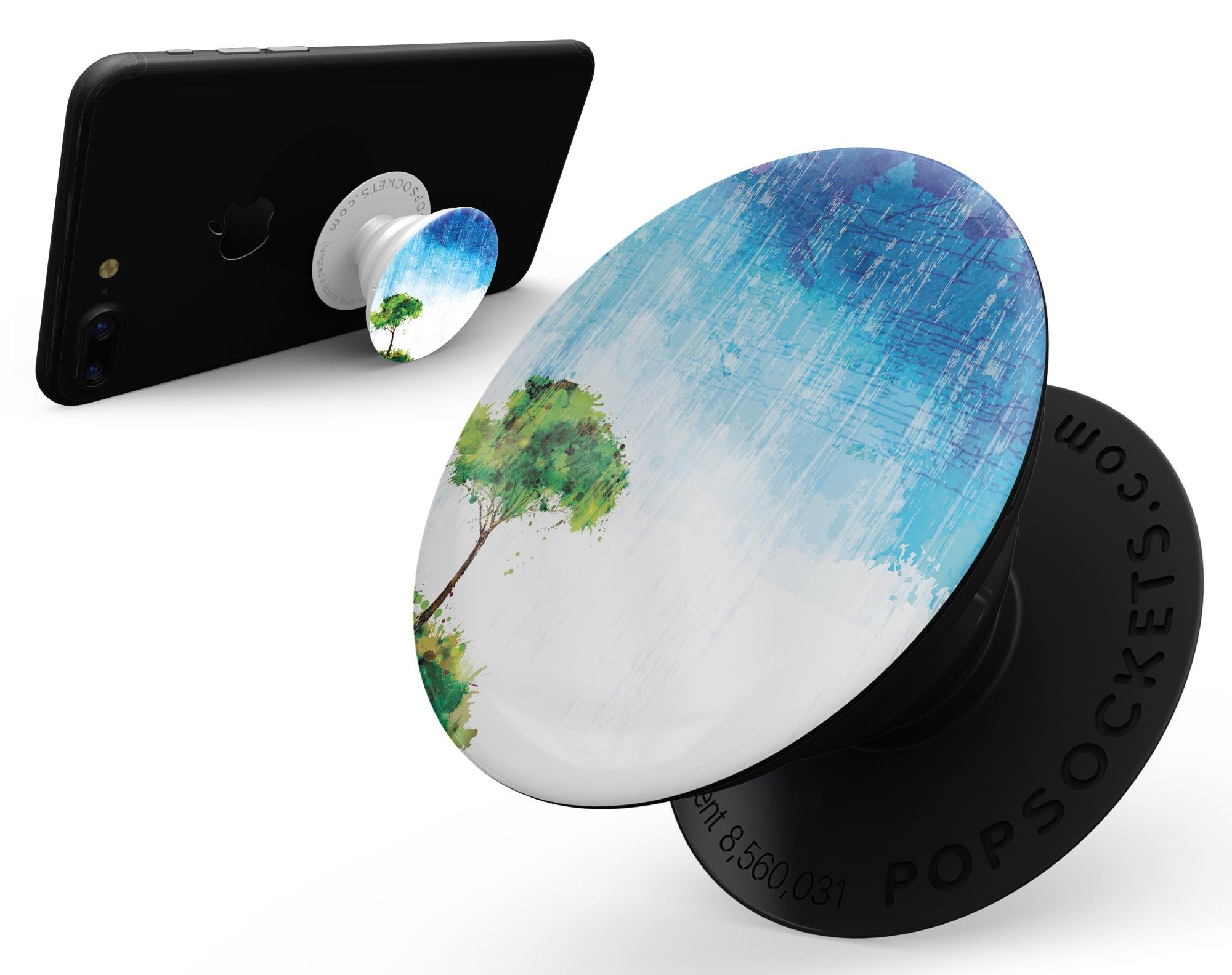 Individual Tree Splatter Skin Kit for PopSockets, showcasing vibrant colors and unique design on a smartphone grip.