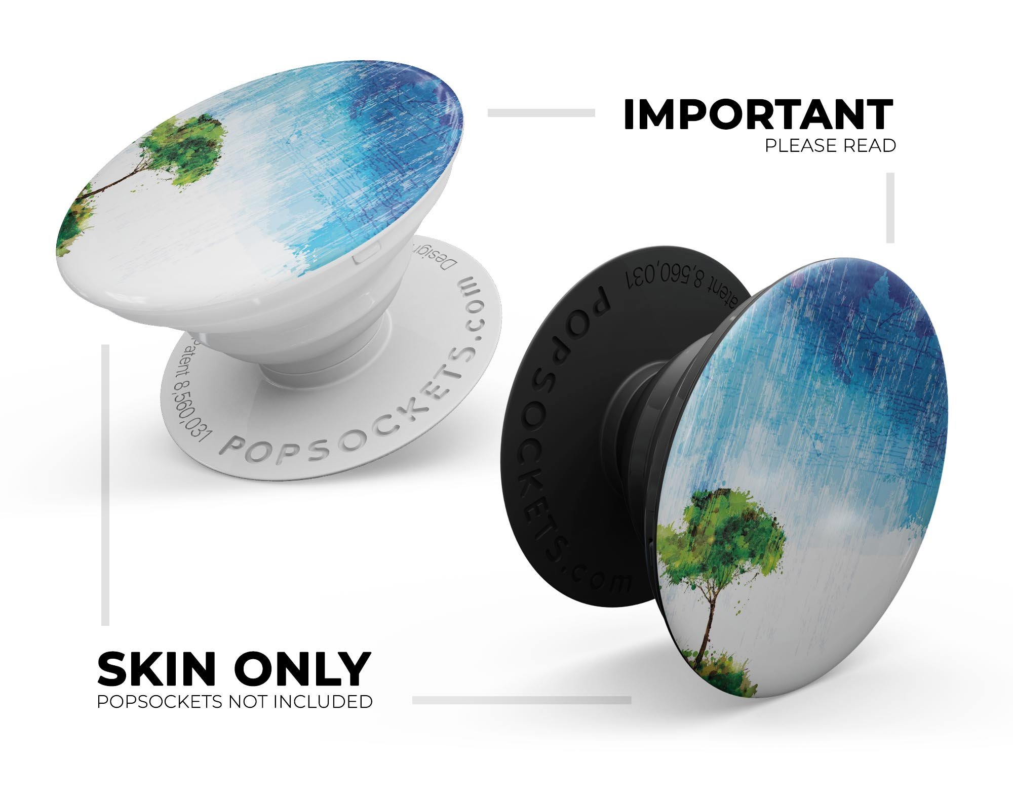 Individual Tree Splatter Skin Kit for PopSockets, showcasing vibrant colors and unique design on a smartphone grip.