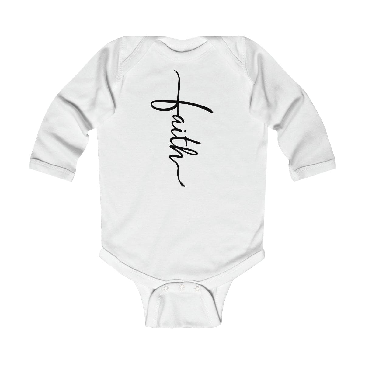 Infant long sleeve bodysuit featuring a Faith Christian design, made from soft cotton fabric with durable ribbed knitting.