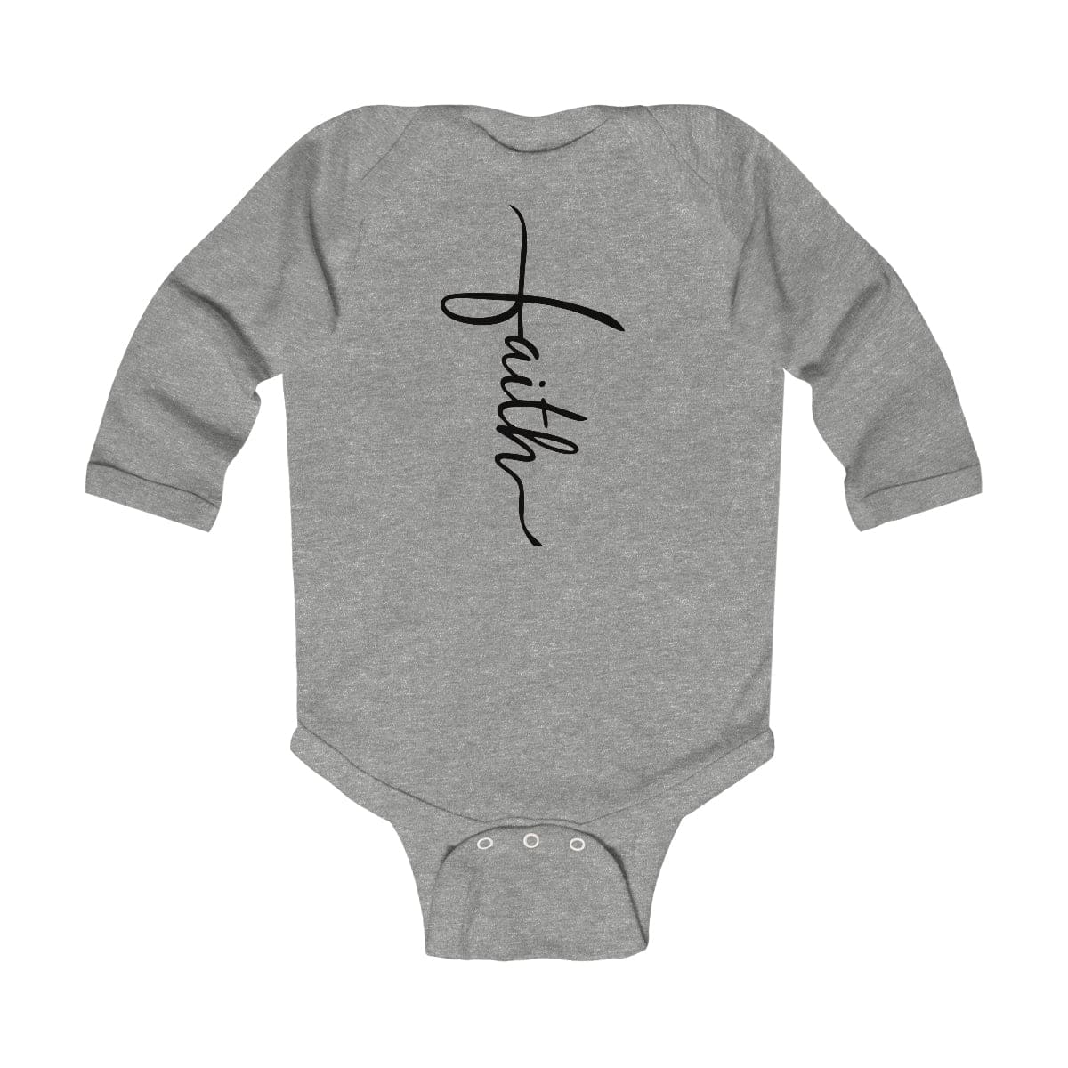 Infant long sleeve bodysuit featuring a Faith Christian design, made from soft cotton fabric with durable ribbed knitting.