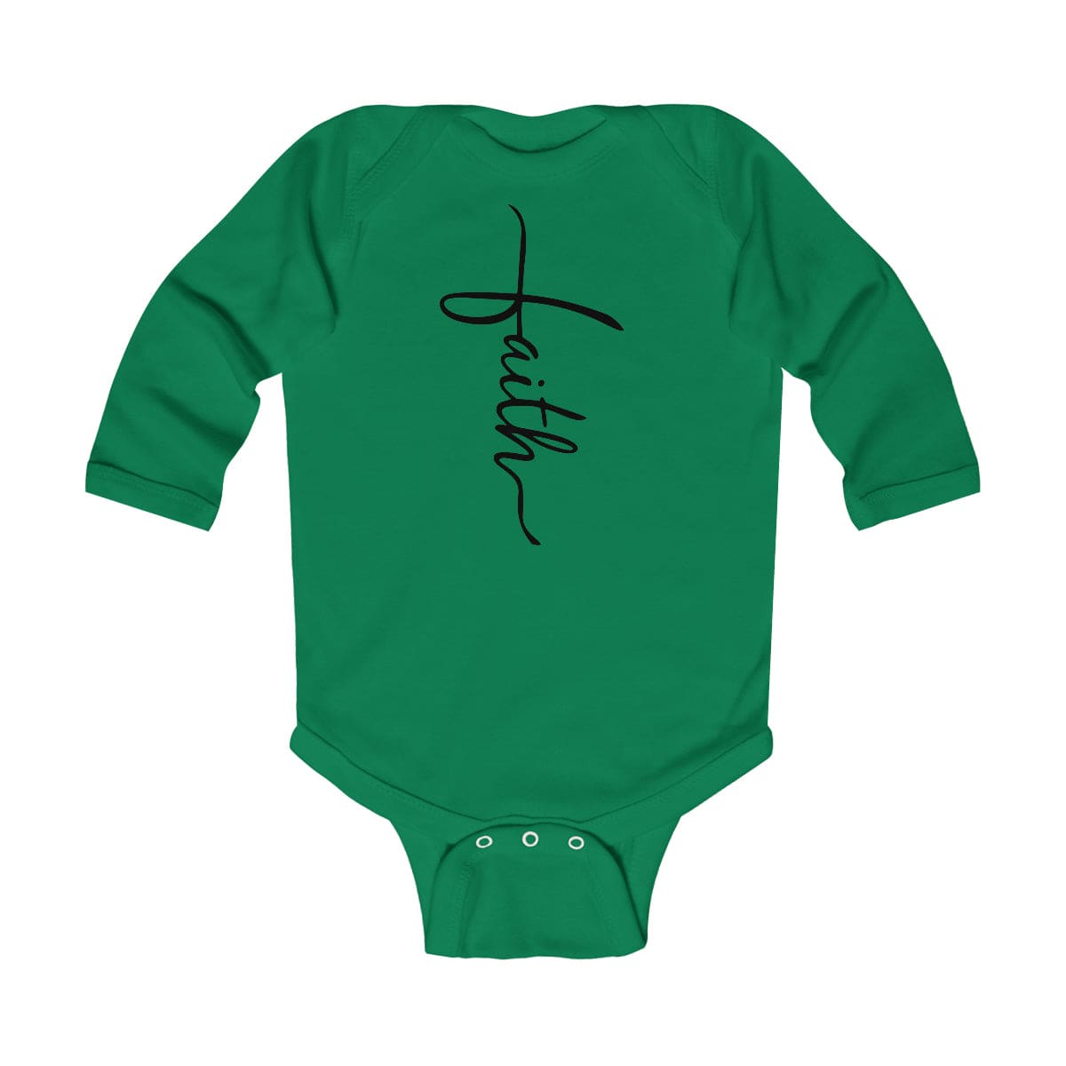 Infant long sleeve bodysuit featuring a Faith Christian design, made from soft cotton fabric with durable ribbed knitting.