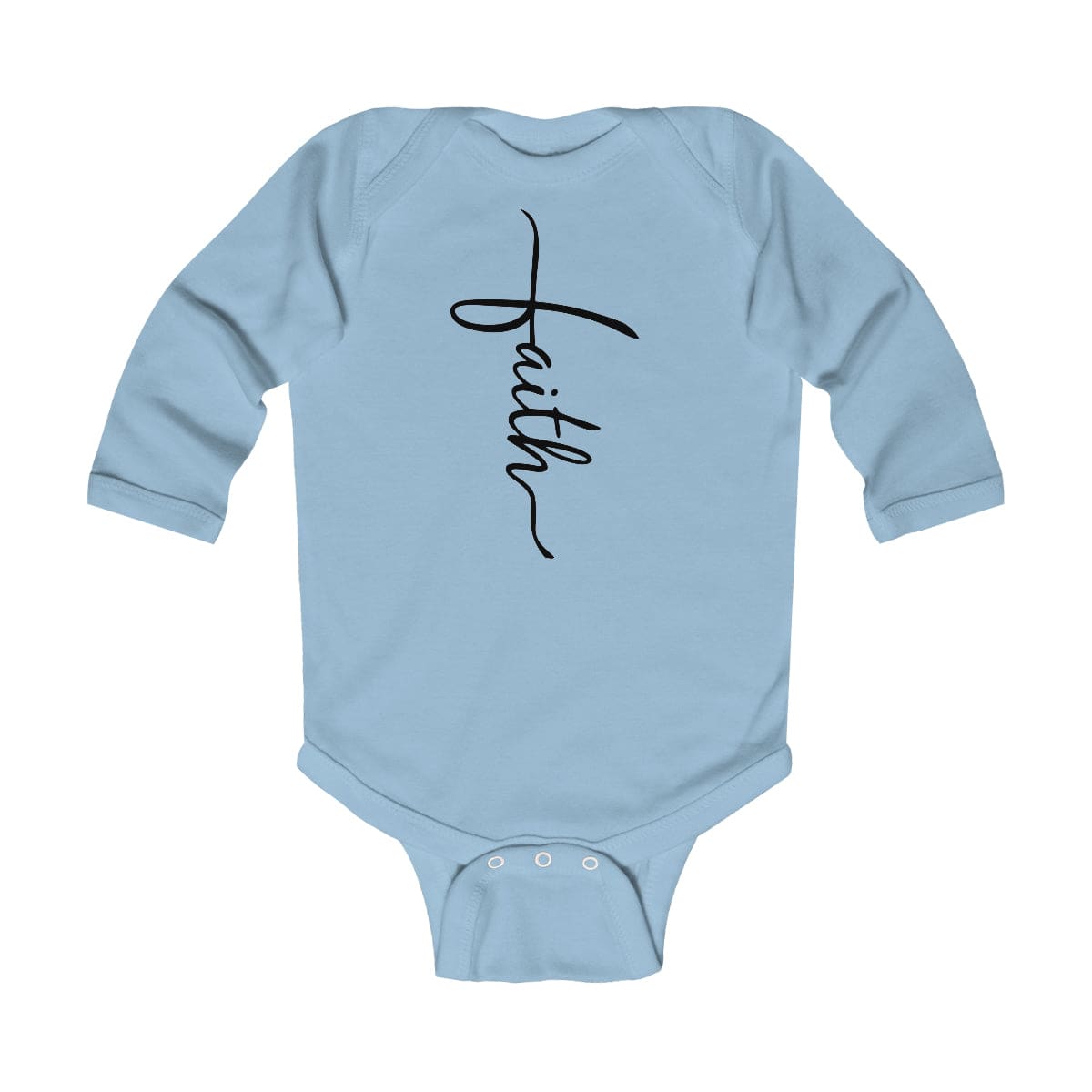 Infant long sleeve bodysuit featuring a Faith Christian design, made from soft cotton fabric with durable ribbed knitting.