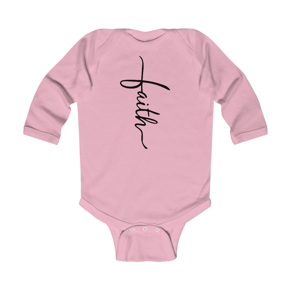 Infant long sleeve bodysuit featuring a Faith Christian design, made from soft cotton fabric with durable ribbed knitting.