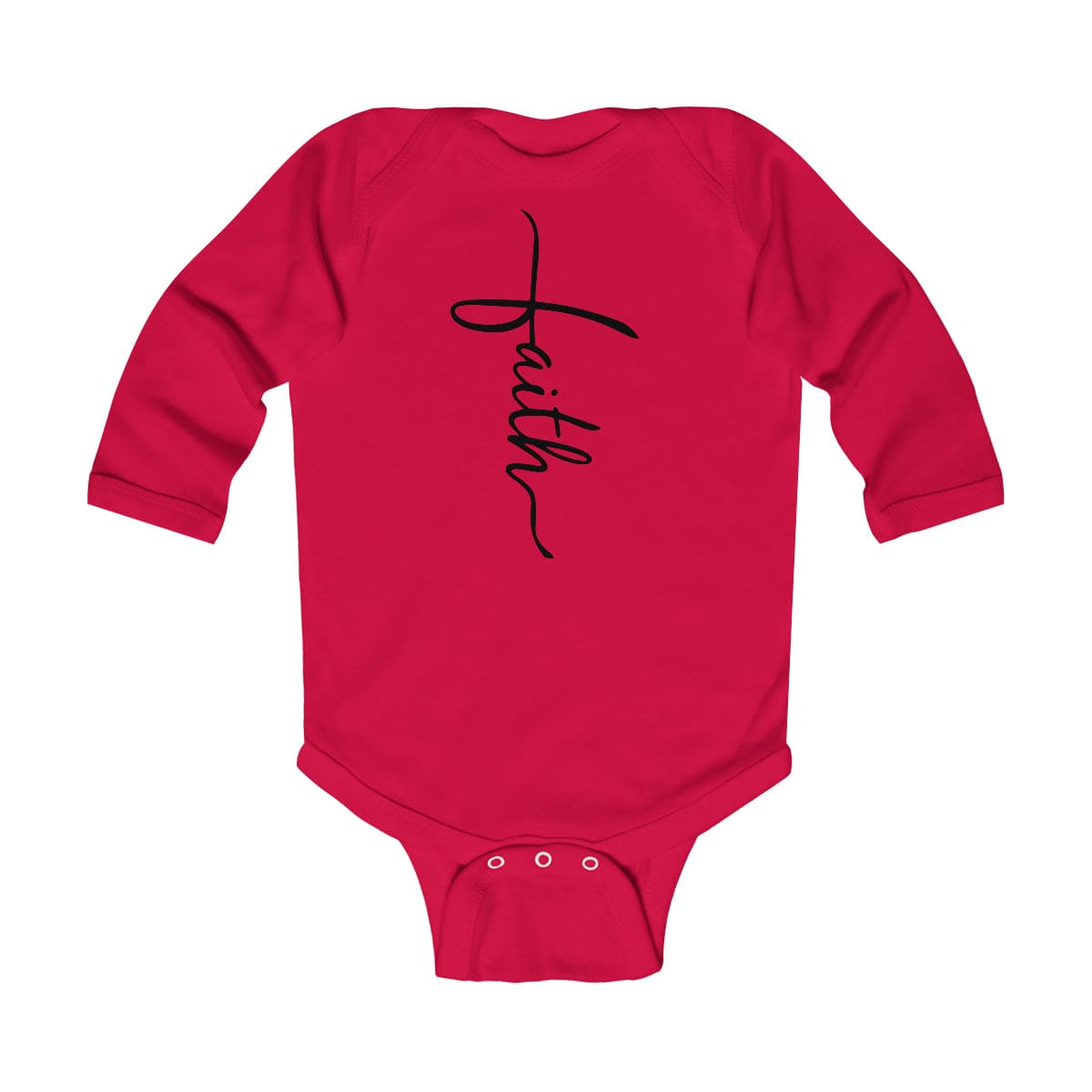 Infant long sleeve bodysuit featuring a Faith Christian design, made from soft cotton fabric with durable ribbed knitting.