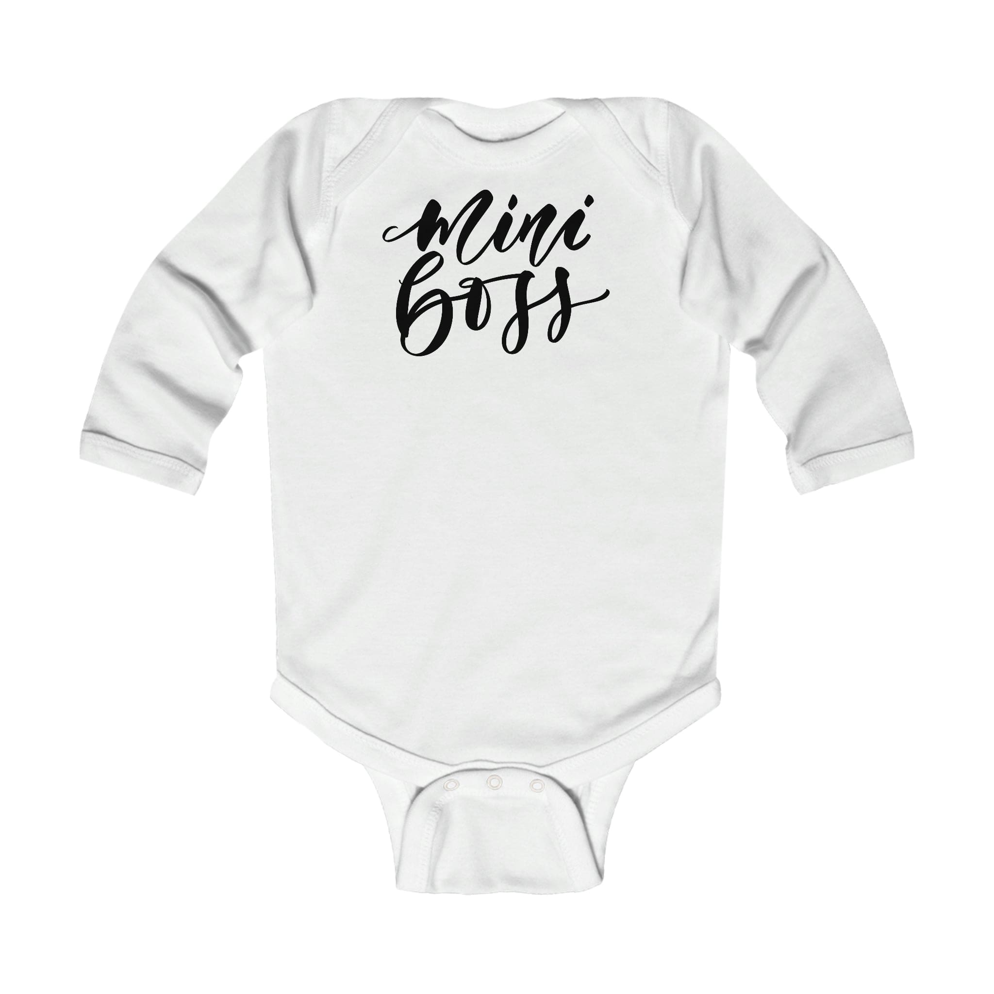 Infant Long Sleeve Bodysuit featuring a Mini Boss print, made from soft cotton fabric with snap closure.