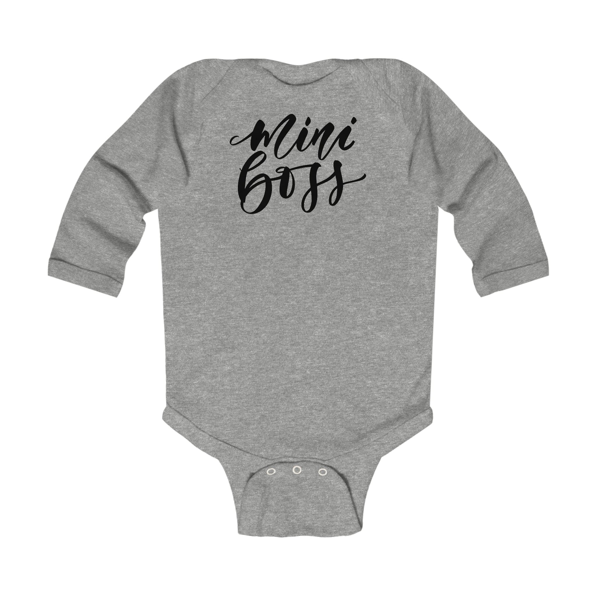 Infant Long Sleeve Bodysuit featuring a Mini Boss print, made from soft cotton fabric with snap closure.