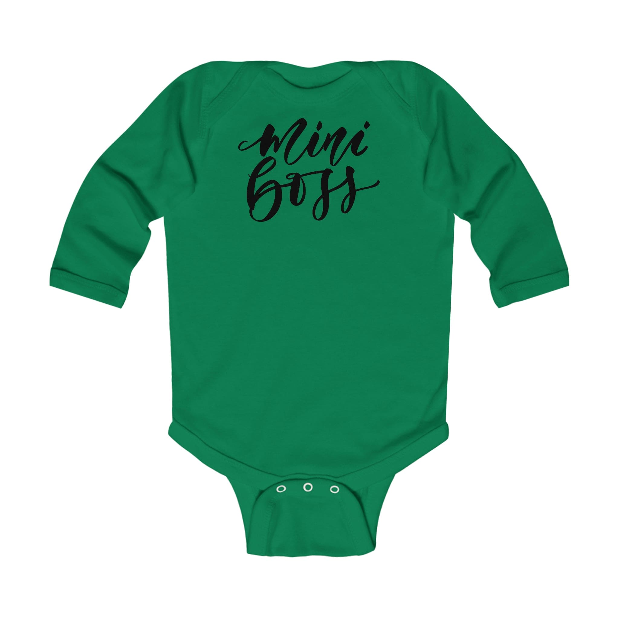 Infant Long Sleeve Bodysuit featuring a Mini Boss print, made from soft cotton fabric with snap closure.