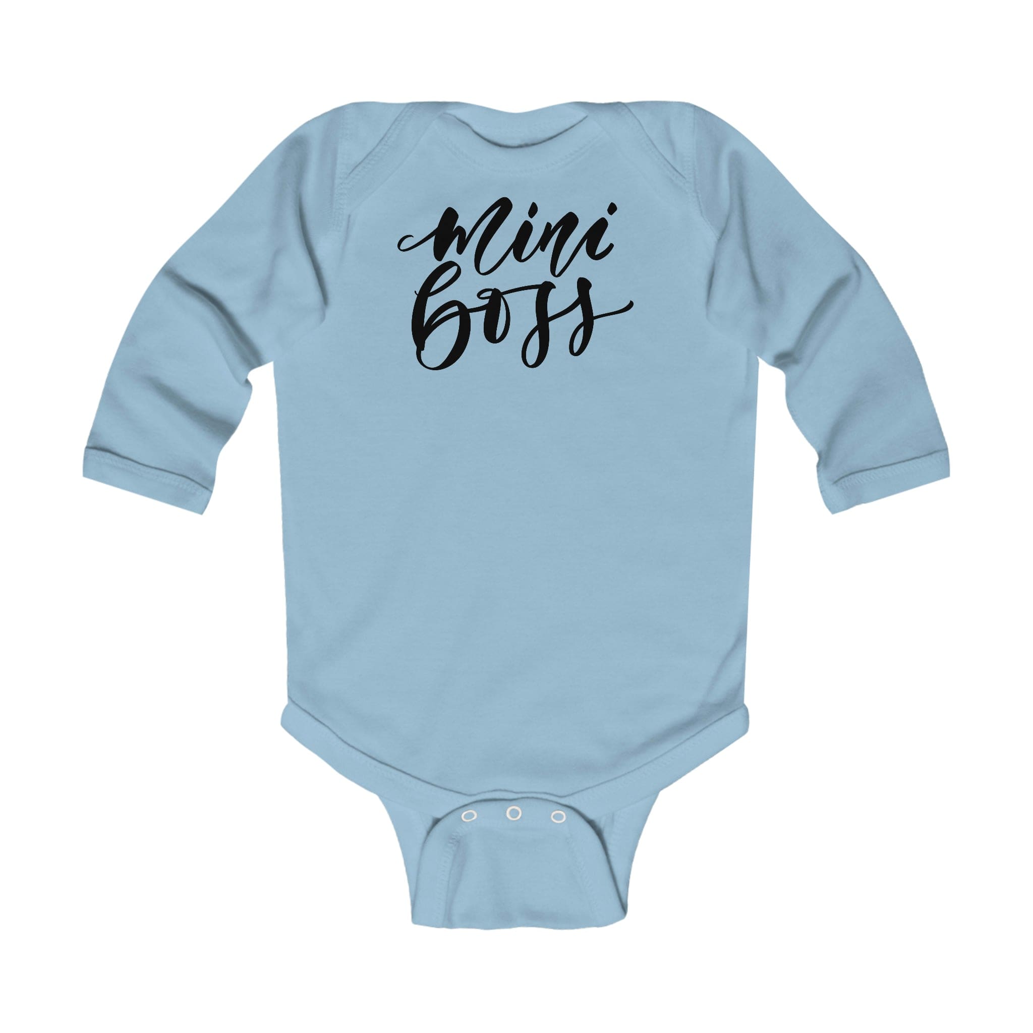 Infant Long Sleeve Bodysuit featuring a Mini Boss print, made from soft cotton fabric with snap closure.