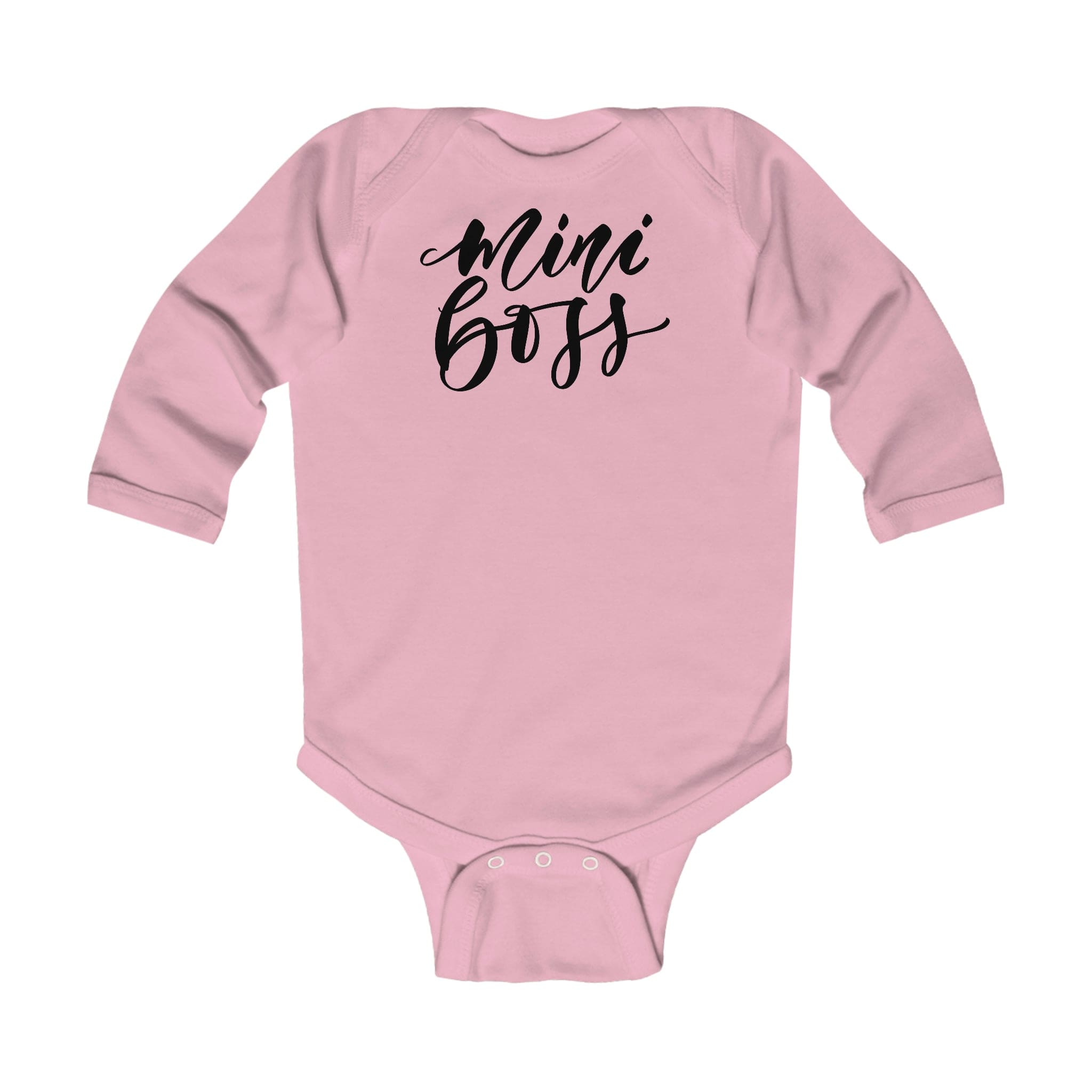 Infant Long Sleeve Bodysuit featuring a Mini Boss print, made from soft cotton fabric with snap closure.