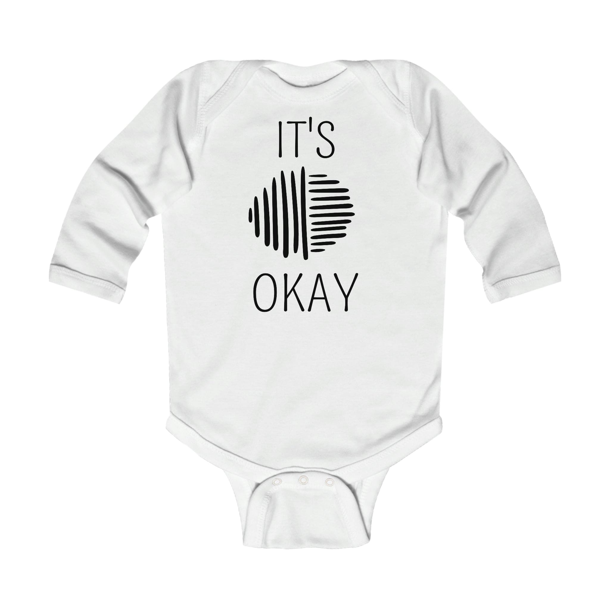 Infant long sleeve bodysuit in black with line art design, featuring plastic snaps for easy changing.