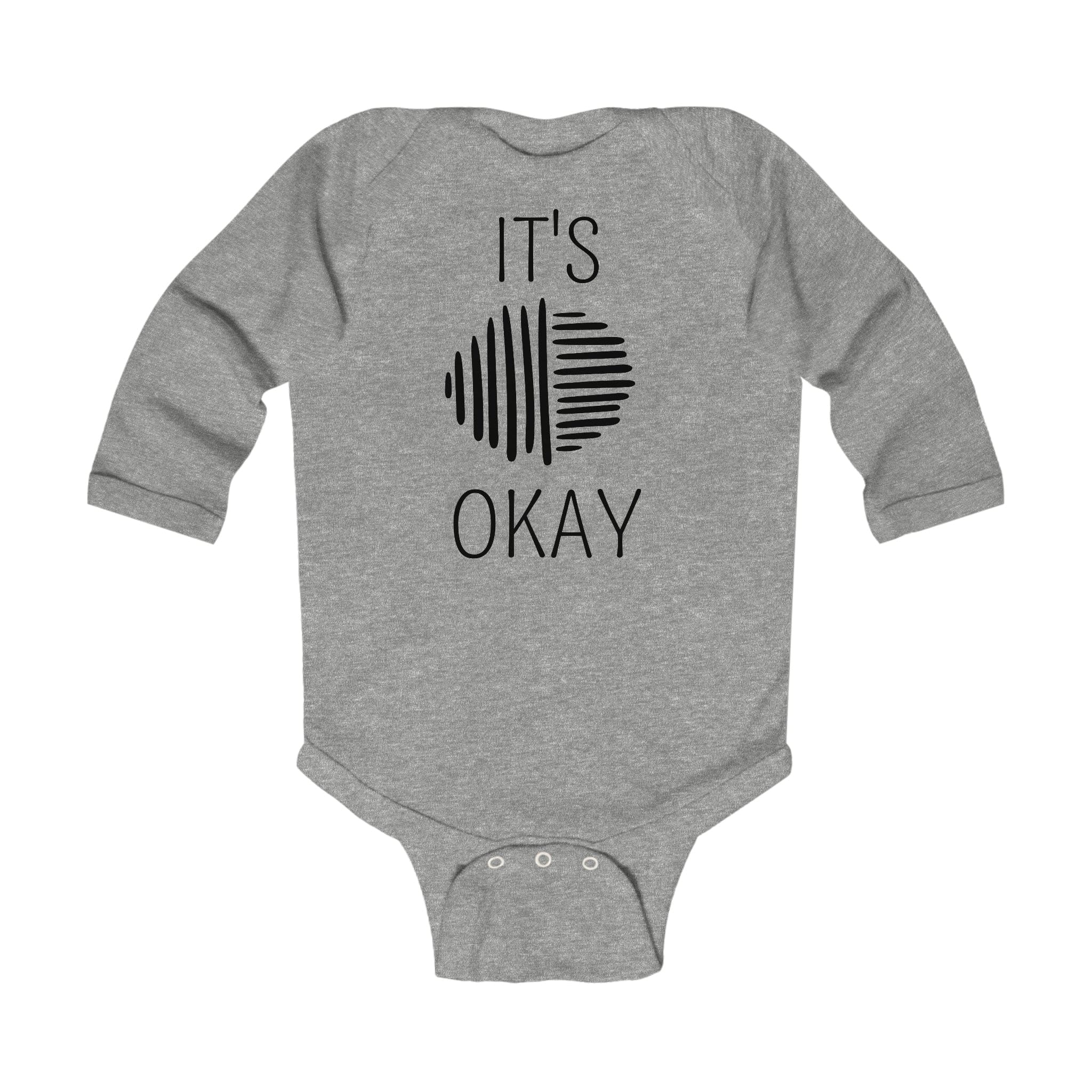 Infant long sleeve bodysuit in black with line art design, featuring plastic snaps for easy changing.