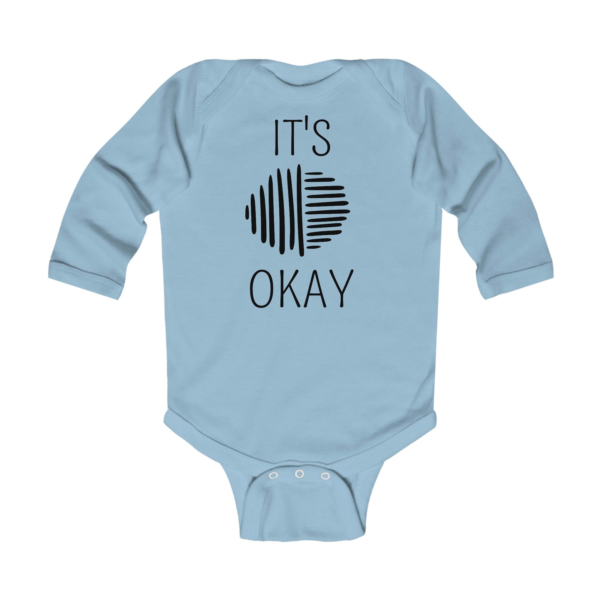 Infant long sleeve bodysuit in black with line art design, featuring plastic snaps for easy changing.