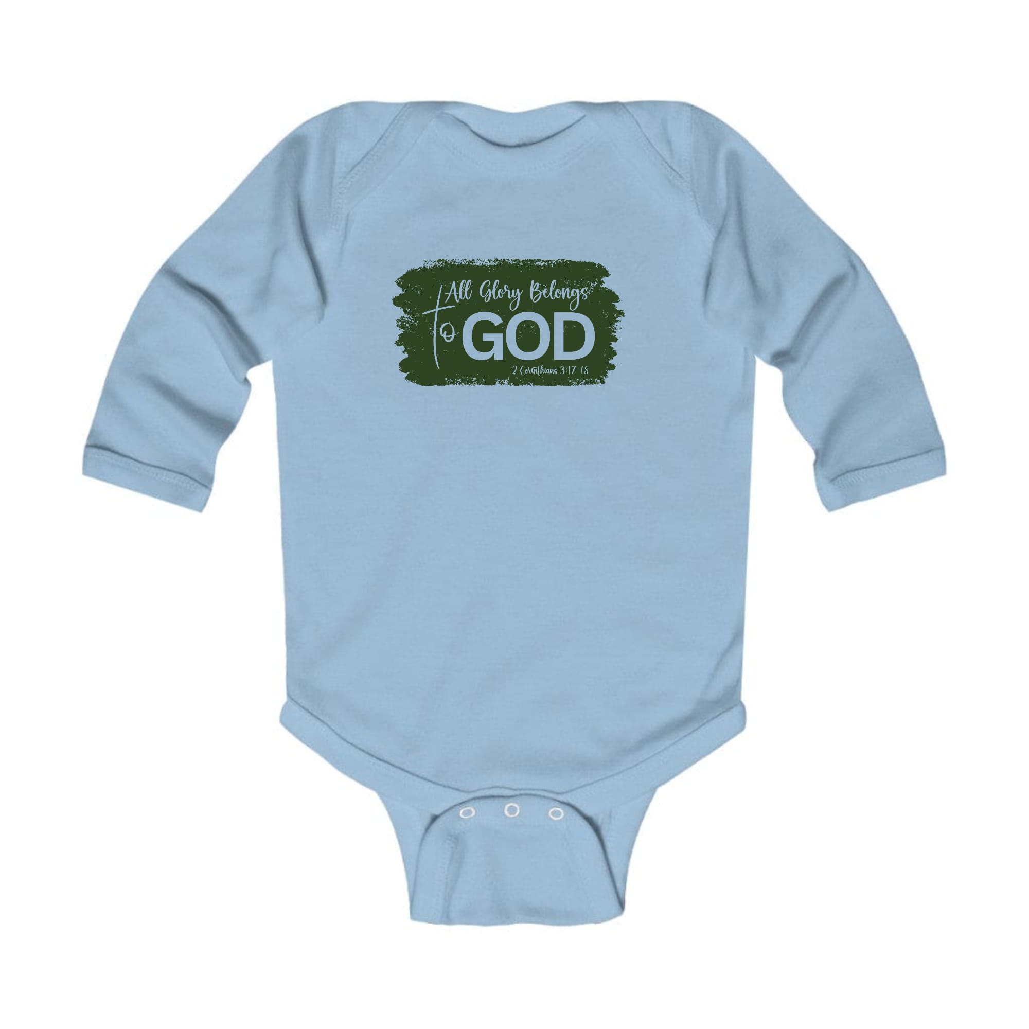 Infant long sleeve graphic t-shirt in dark green featuring 'All Glory Belongs to God' text, designed for comfort and easy dressing.