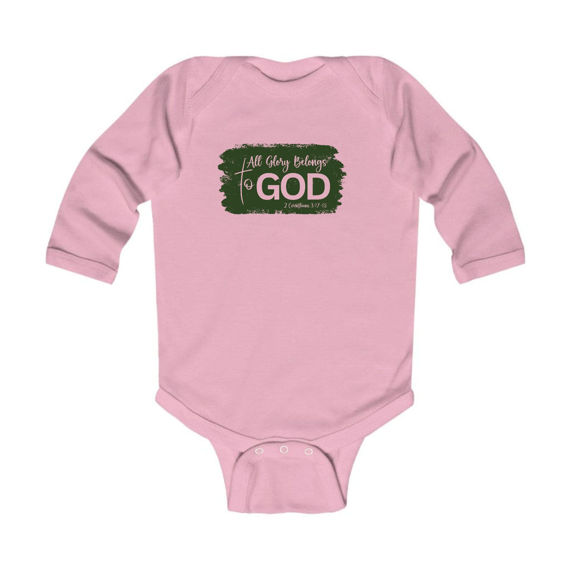 Infant long sleeve graphic t-shirt in dark green featuring 'All Glory Belongs to God' text, designed for comfort and easy dressing.