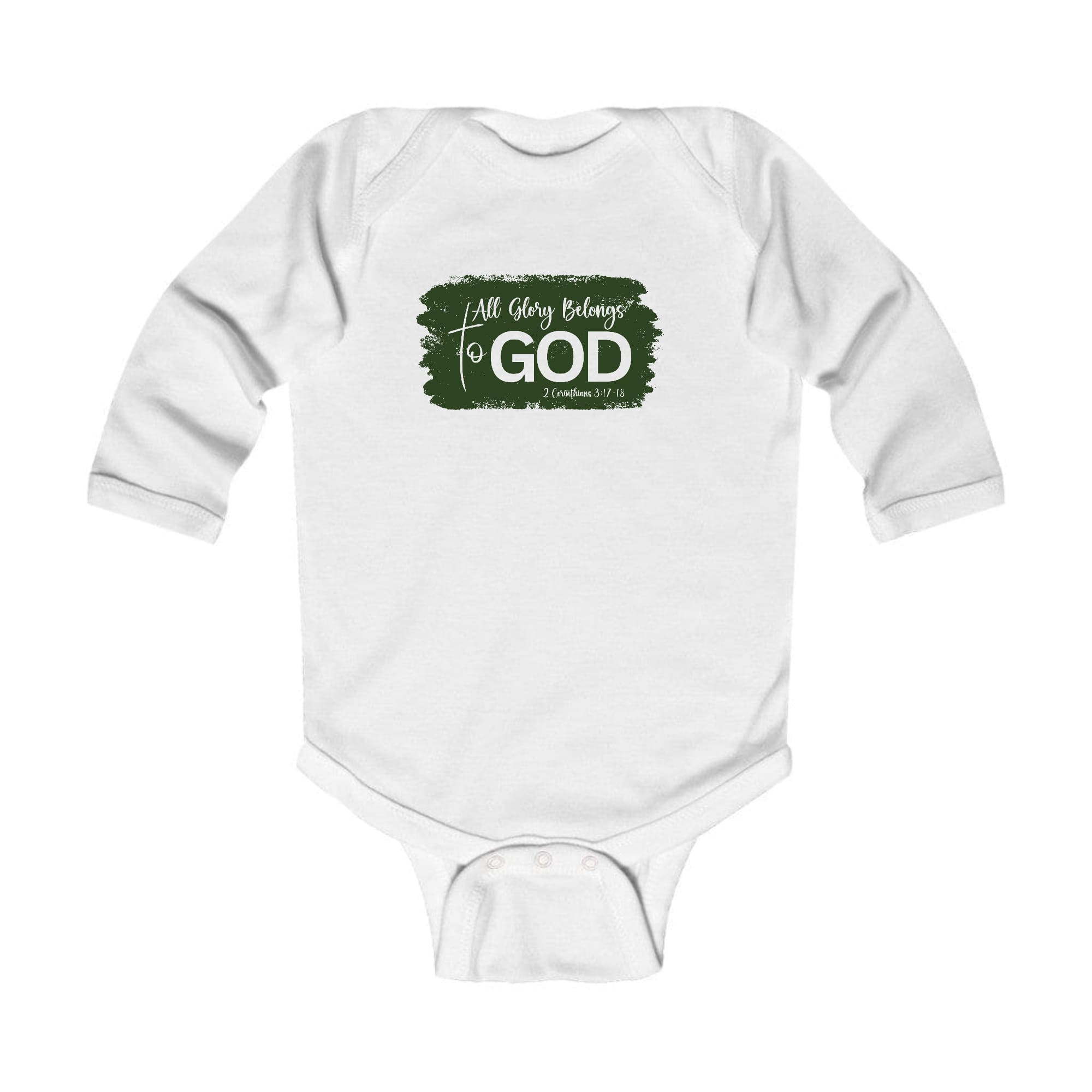 Infant long sleeve graphic t-shirt in dark green featuring 'All Glory Belongs to God' text, designed for comfort and easy dressing.