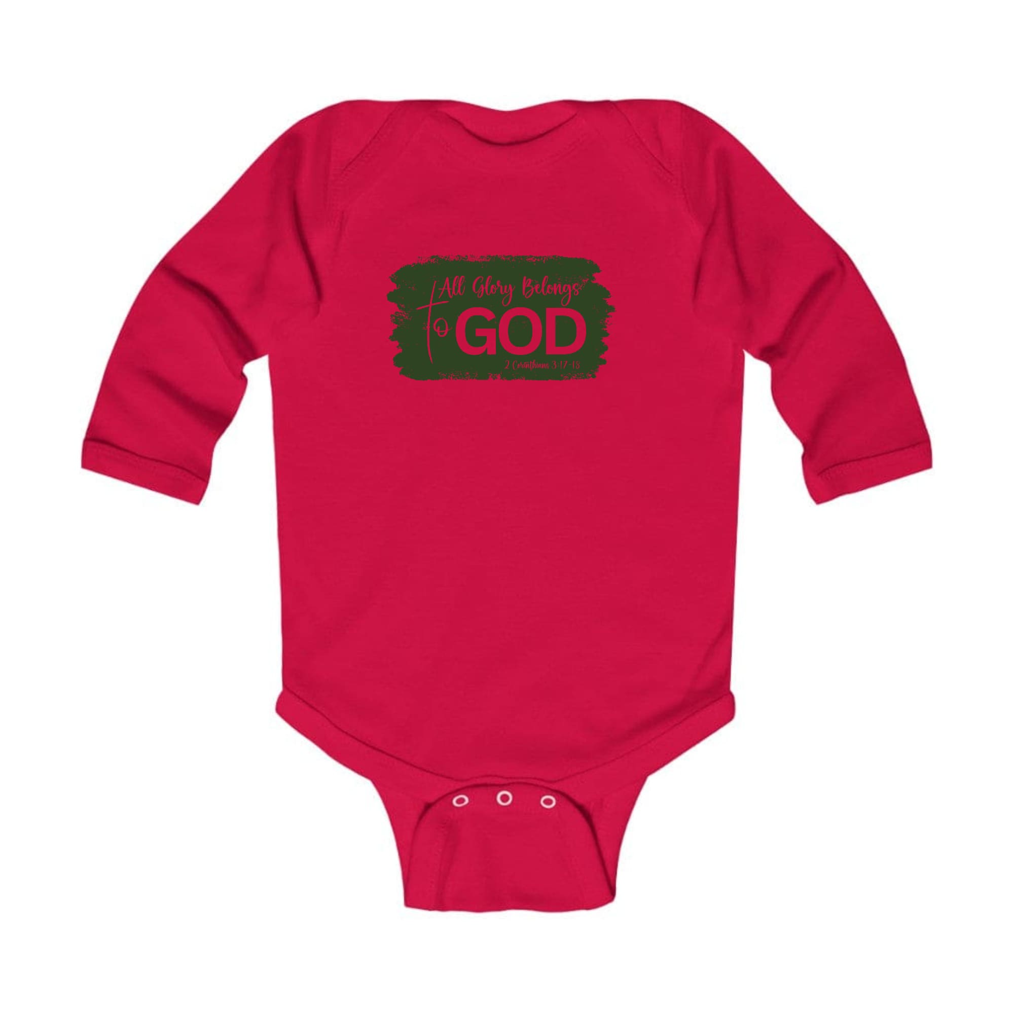 Infant long sleeve graphic t-shirt in dark green featuring 'All Glory Belongs to God' text, designed for comfort and easy dressing.