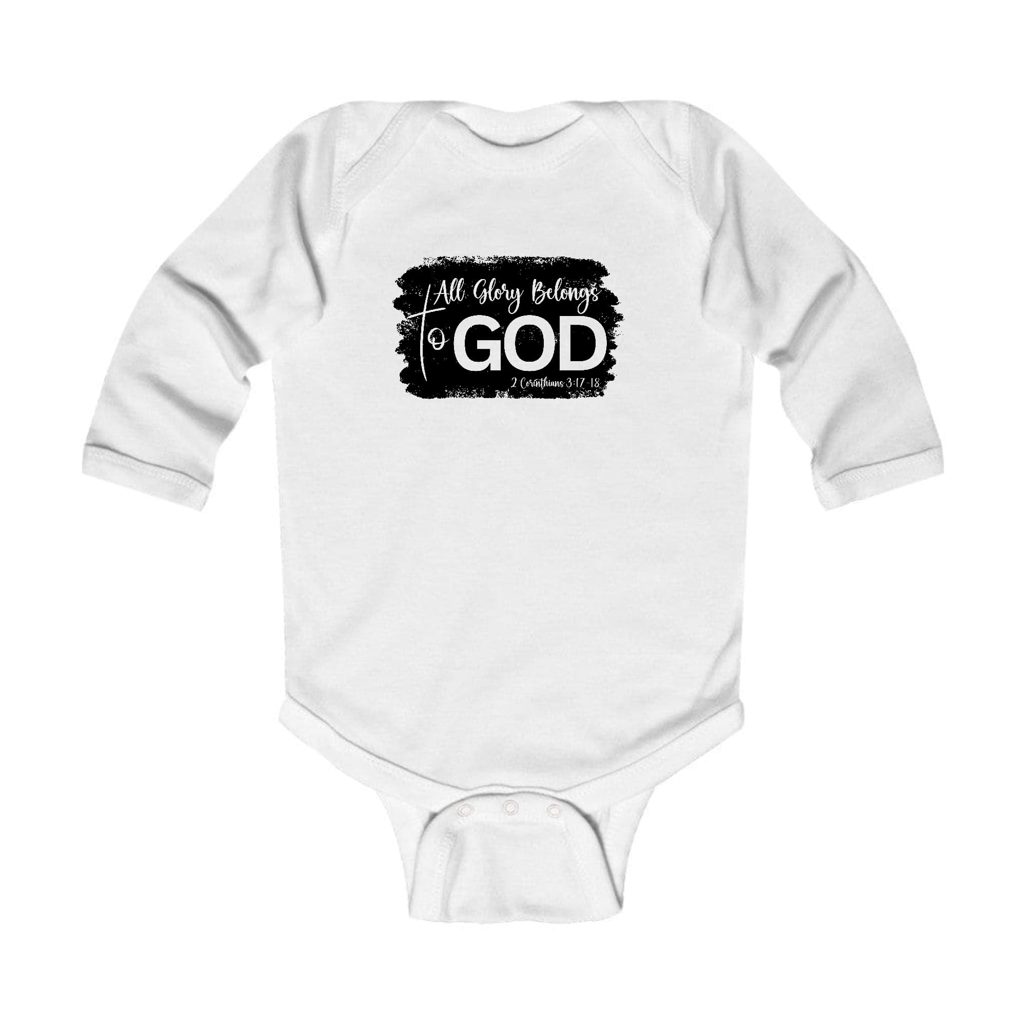 Infant Long Sleeve Graphic T-shirt with 'All Glory Belongs to God' print, featuring soft fabric and lap shoulder design.