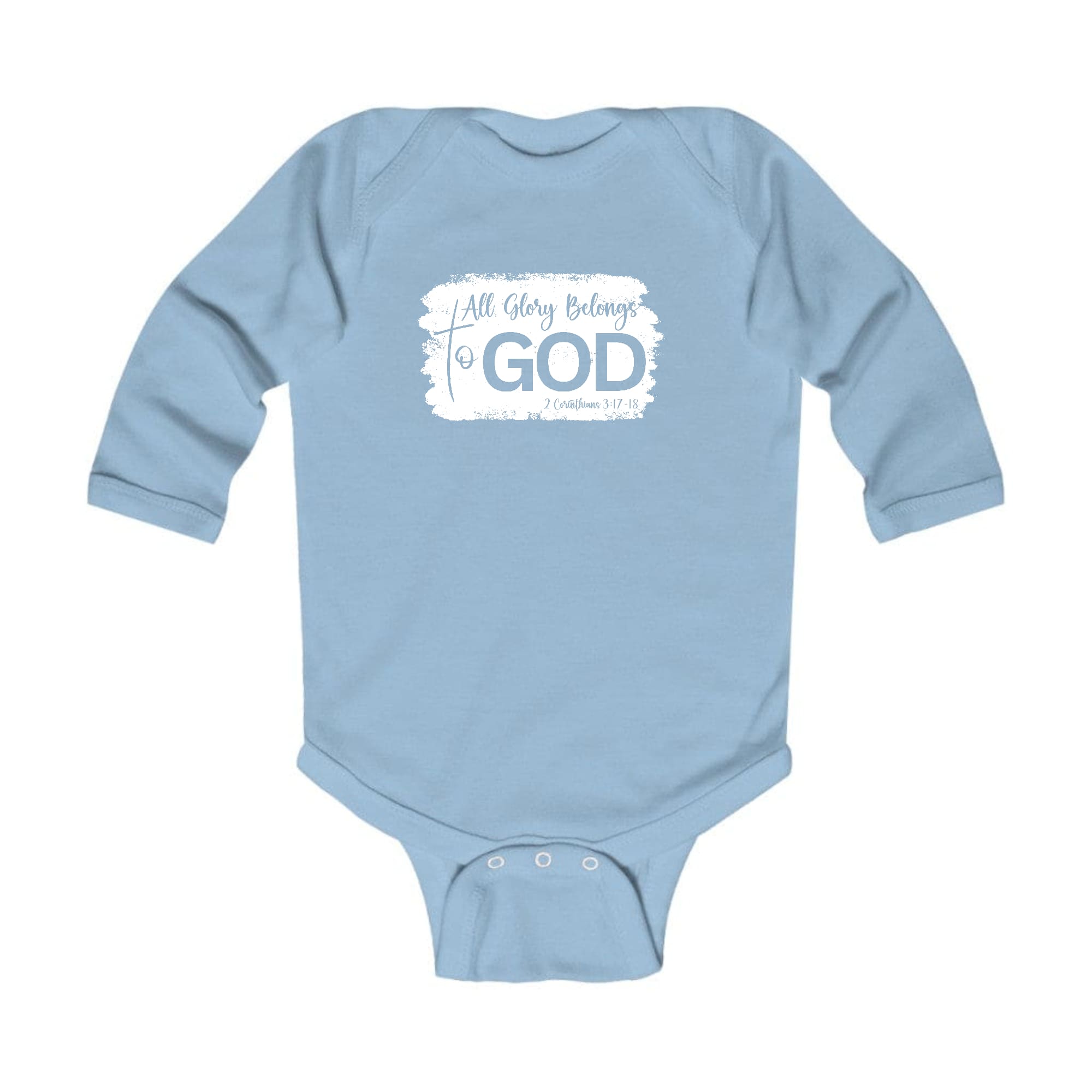 Infant Long Sleeve Graphic T-shirt with 'All Glory Belongs to God' design, showcasing soft fabric and lap shoulder style.