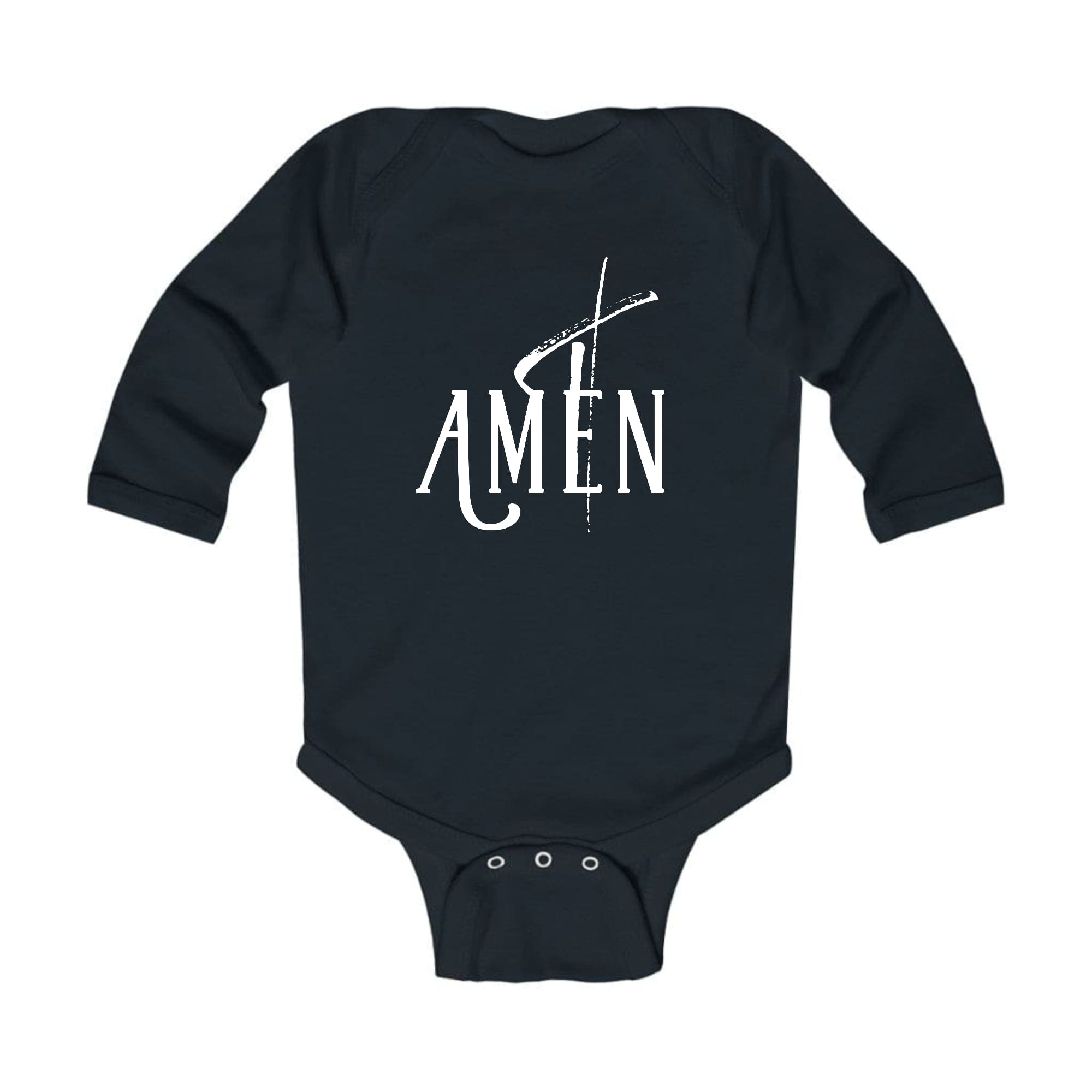 Infant Long Sleeve Graphic T-shirt featuring AMEN White Print, showcasing soft fabric and lap shoulder design.