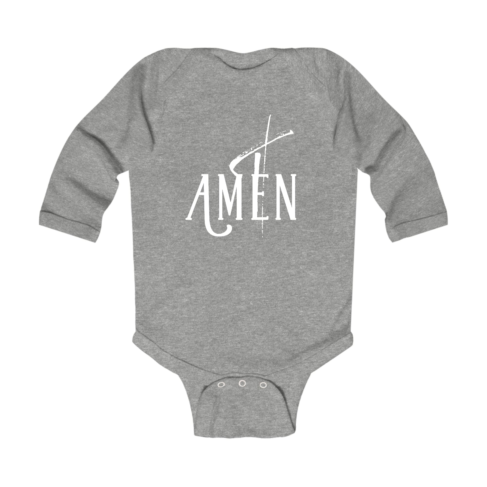 Infant Long Sleeve Graphic T-shirt featuring AMEN White Print, showcasing soft fabric and lap shoulder design.